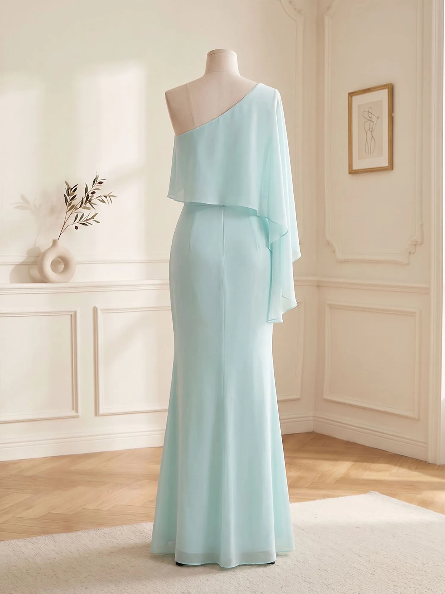 One-Shoulder Chiffon Overlay Mermaid Evening Gown
