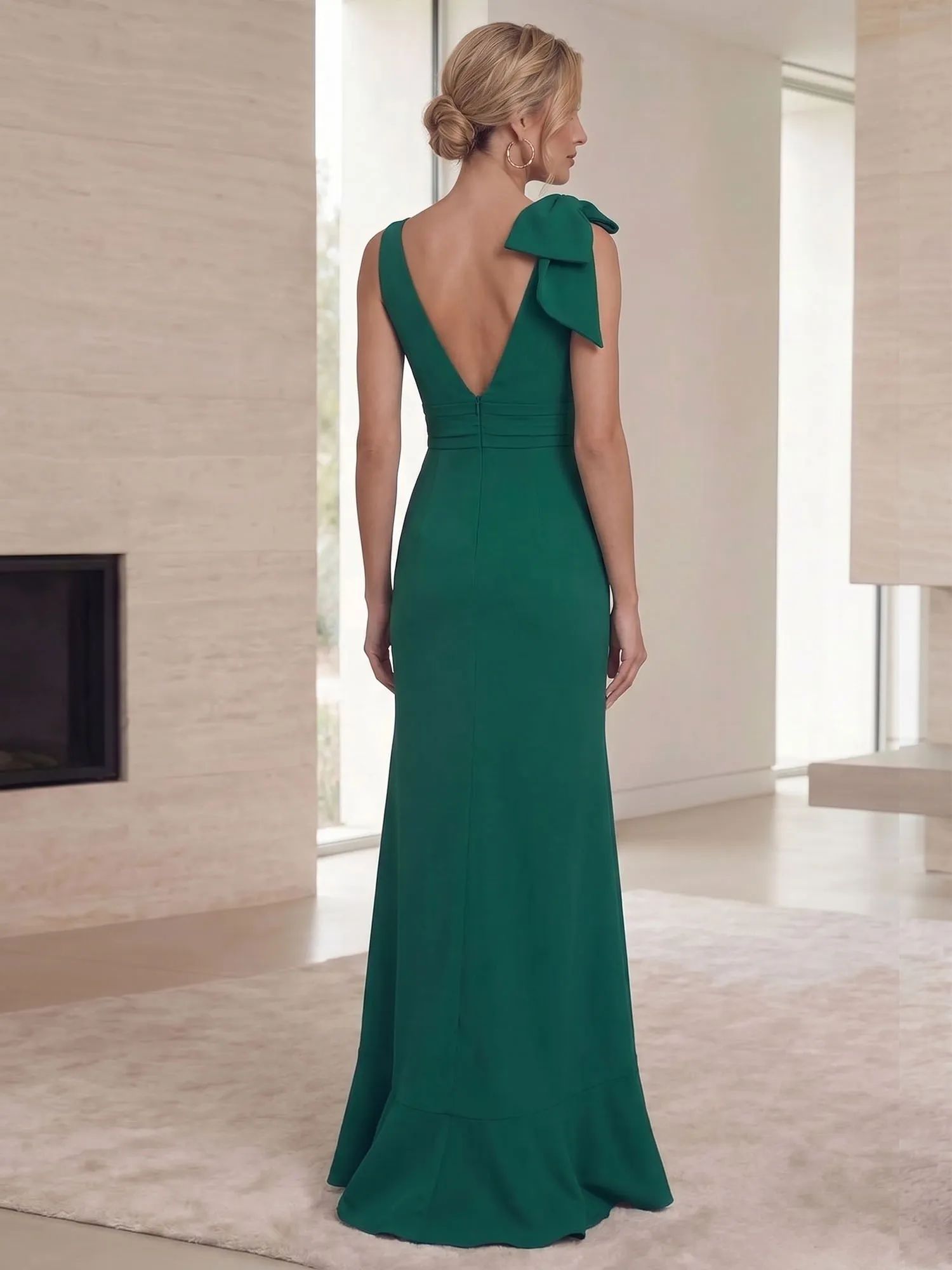 Deep V-Neck Bow-Shoulder Ruffle Slit Mermaid Evening Gown