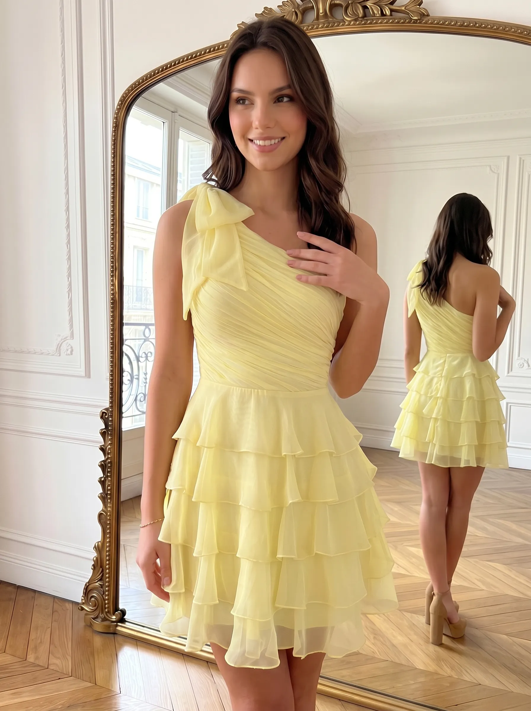 One-Shoulder Bow Chiffon Tiered Ruffle Homecoming Dress