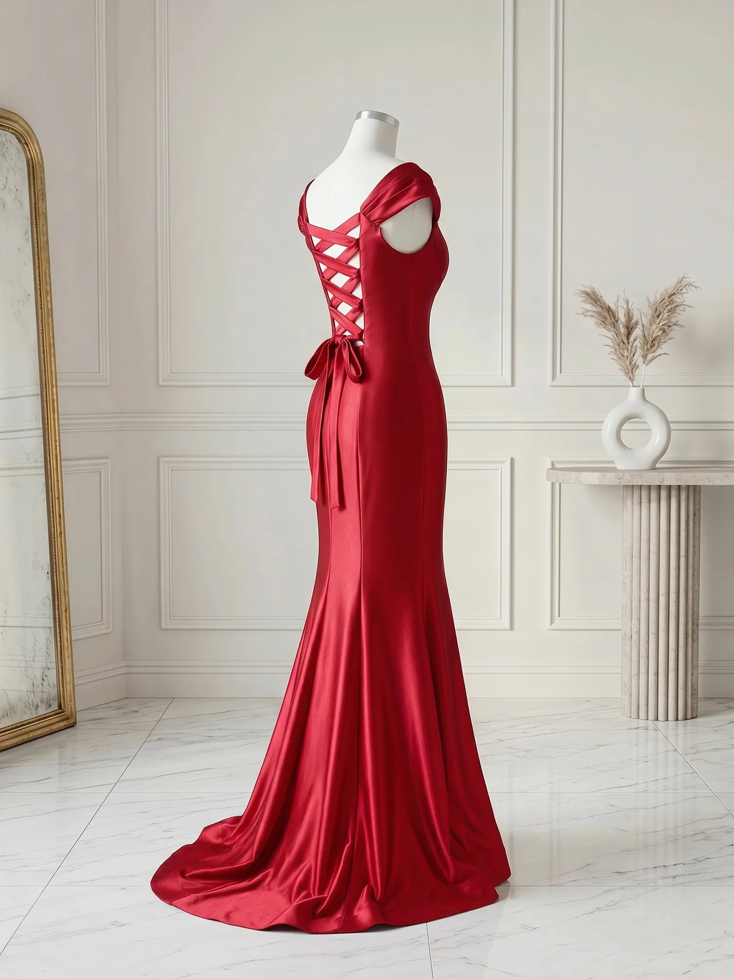 Off-the-Shoulder Sweetheart Lace-Up Back Satin Mermaid Prom Dress