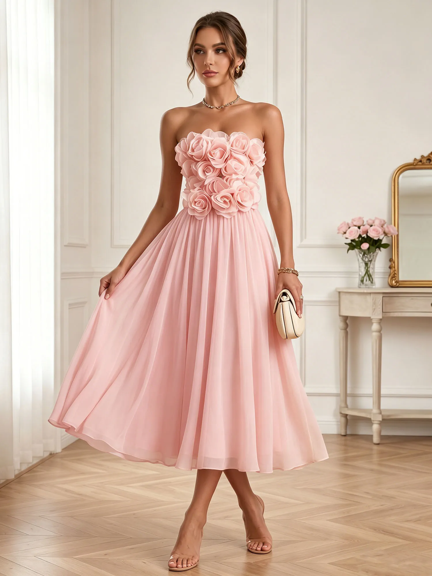 Strapless 3D Floral Chiffon A-Line Midi Formal Dress