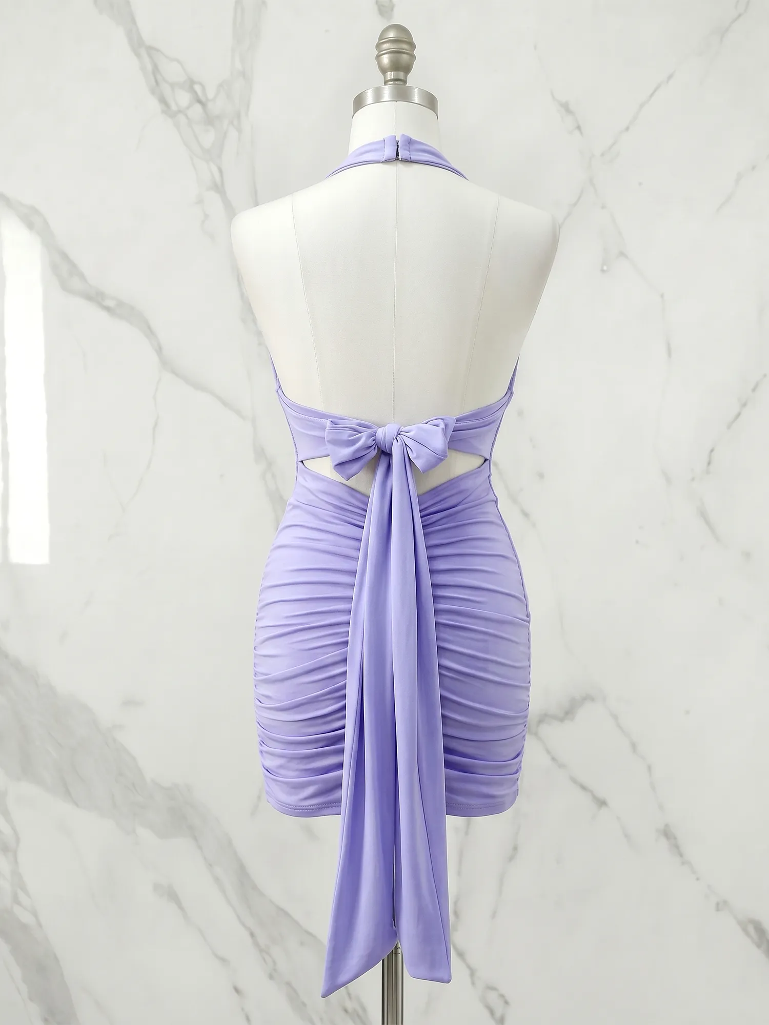 Halter V-Neck Back Bow Ruched Bodycon Homecoming Dress