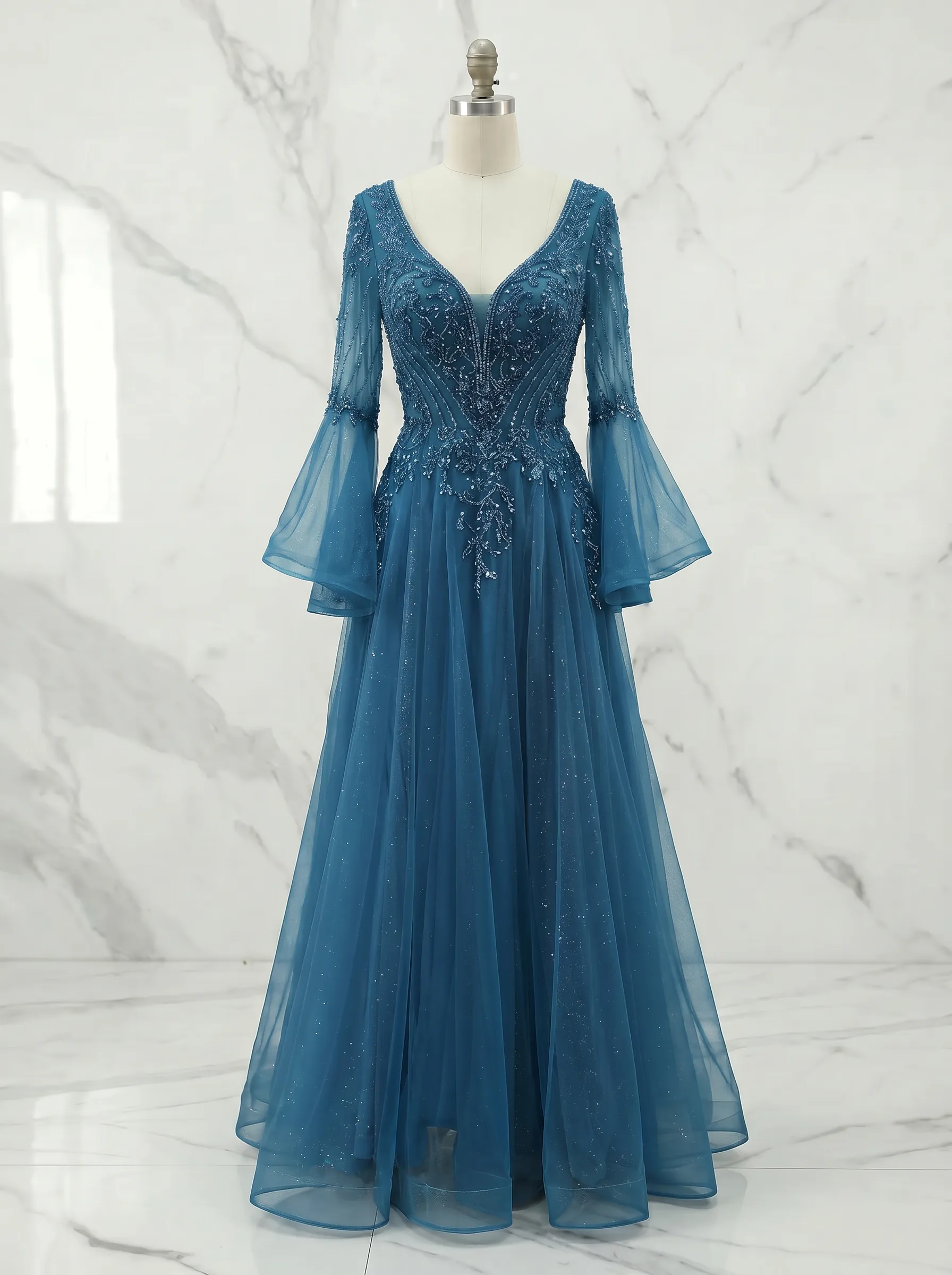 V-Neck Beaded Lace Bell Sleeve Tulle A-Line Prom Gown
