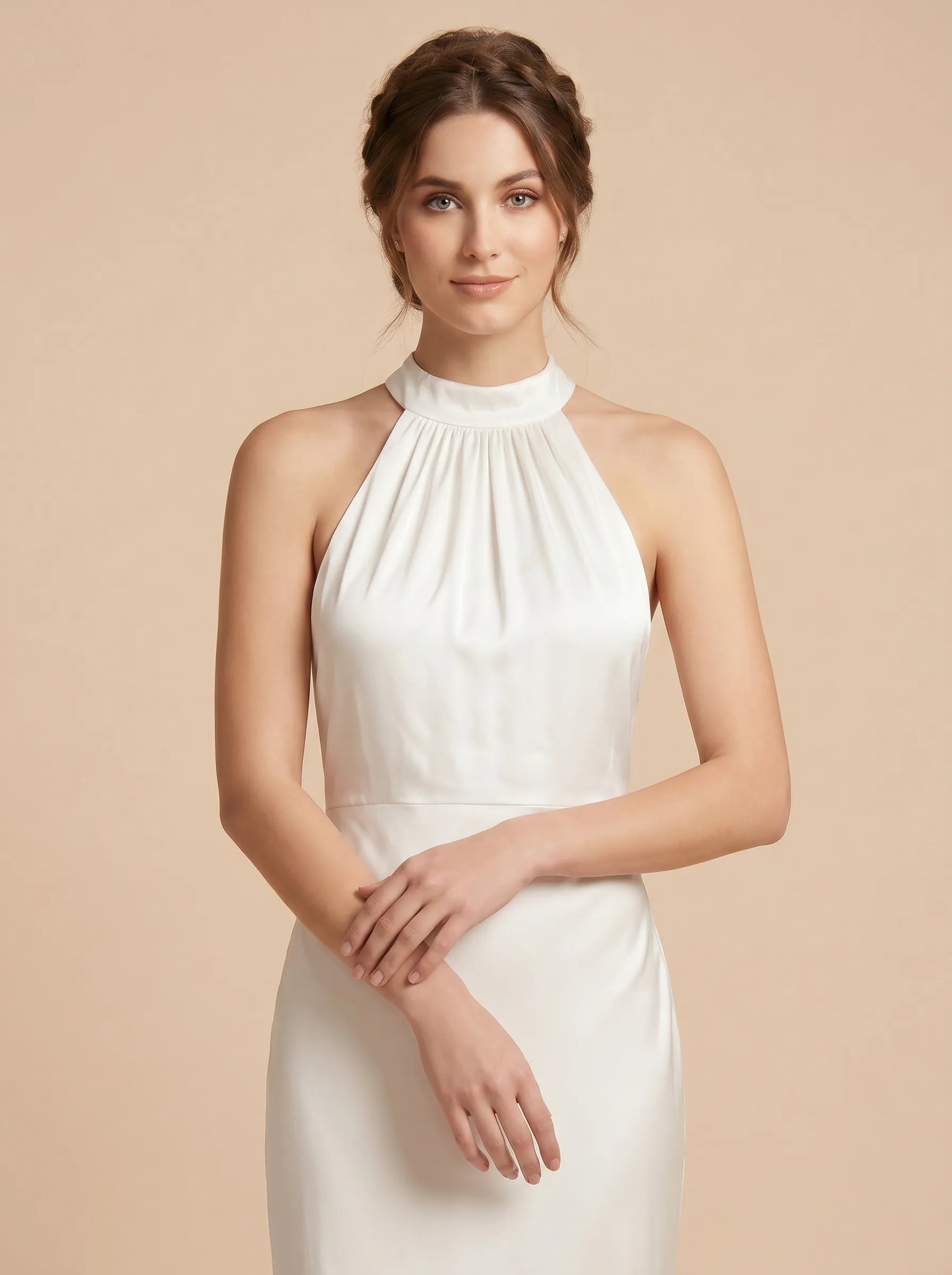 Halter Neck Satin Sheath Bridesmaid Dress with Back Bow