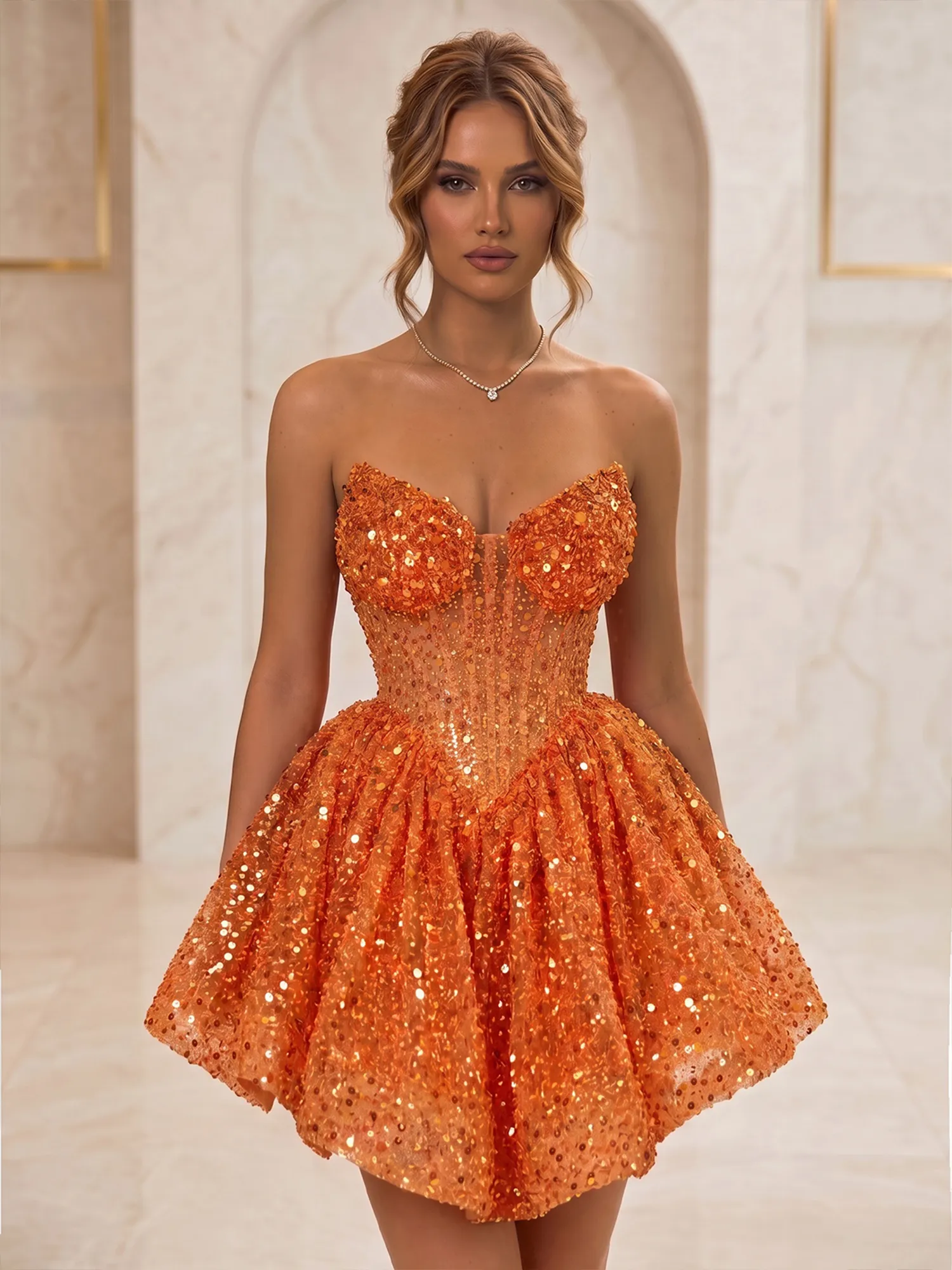 Strapless Sequin Pearl Corset Homecoming Dress with Lace-Up Back
