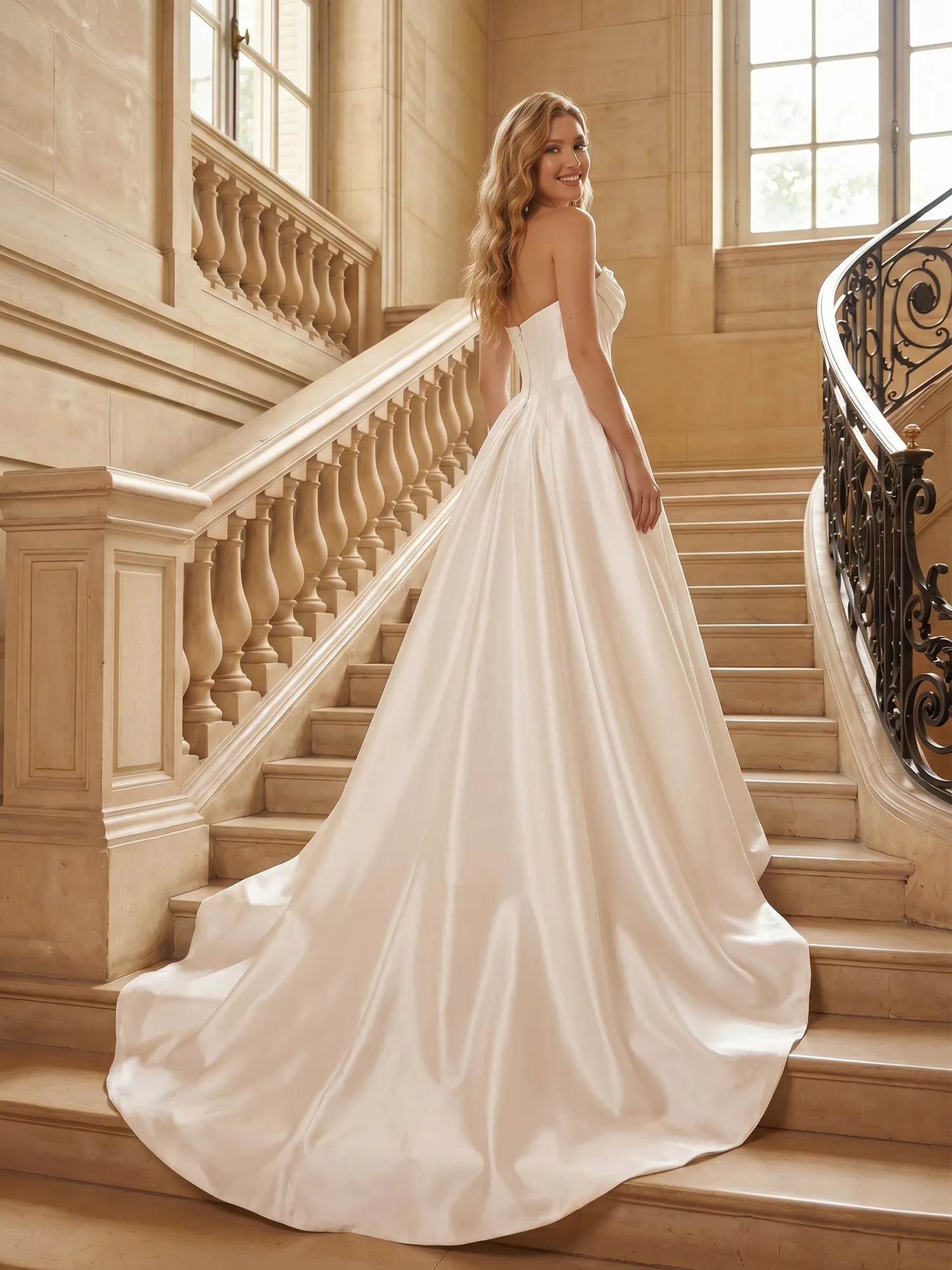 Strapless Lace-Corset Satin Ball Gown Wedding Dress