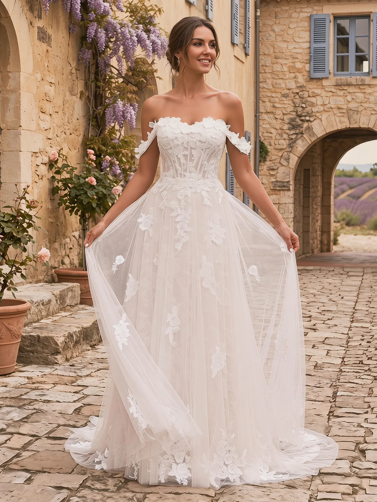 Off-the-Shoulder Lace Corset A-Line Wedding Dress