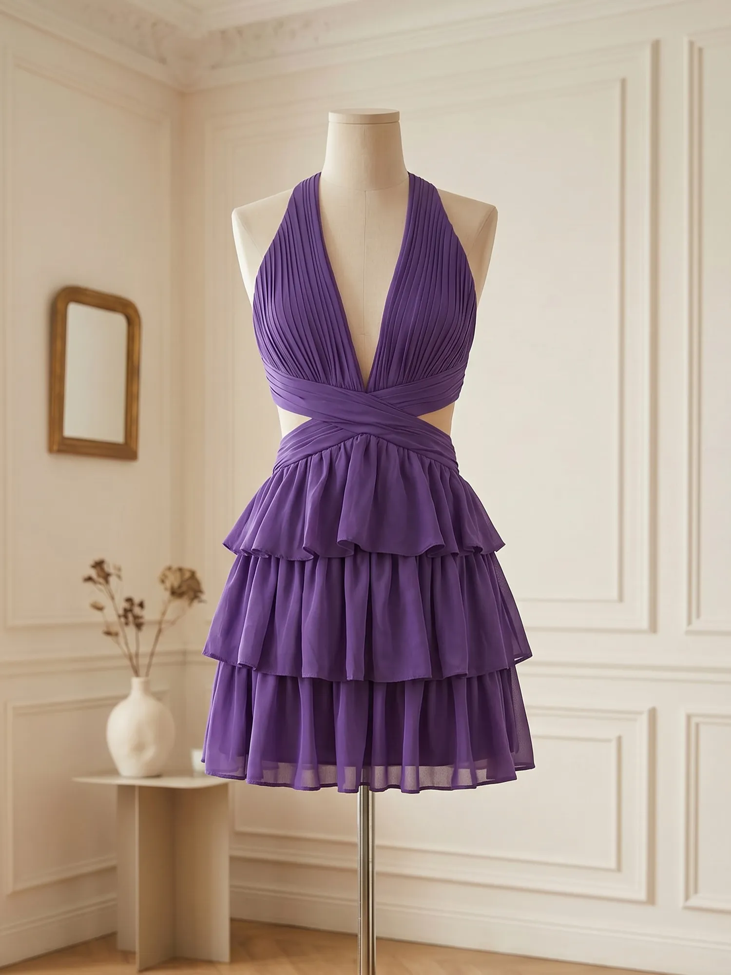 Halter Cross-Back Tiered Chiffon Homecoming Dress