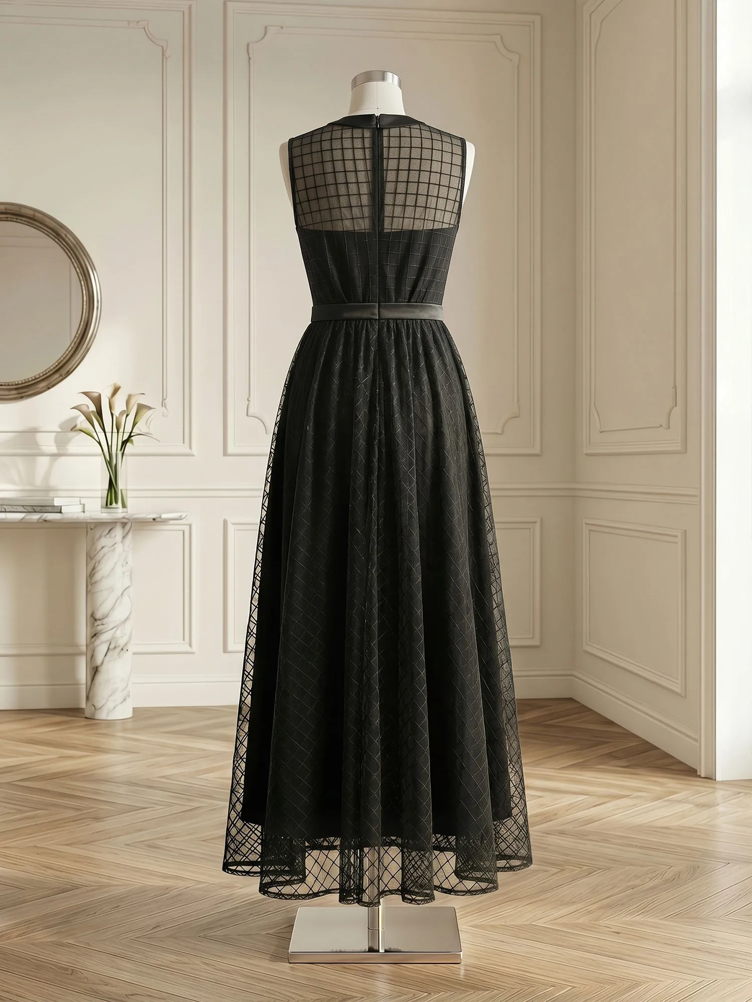 Sleeveless Grid Mesh A-Line Midi Evening Dress
