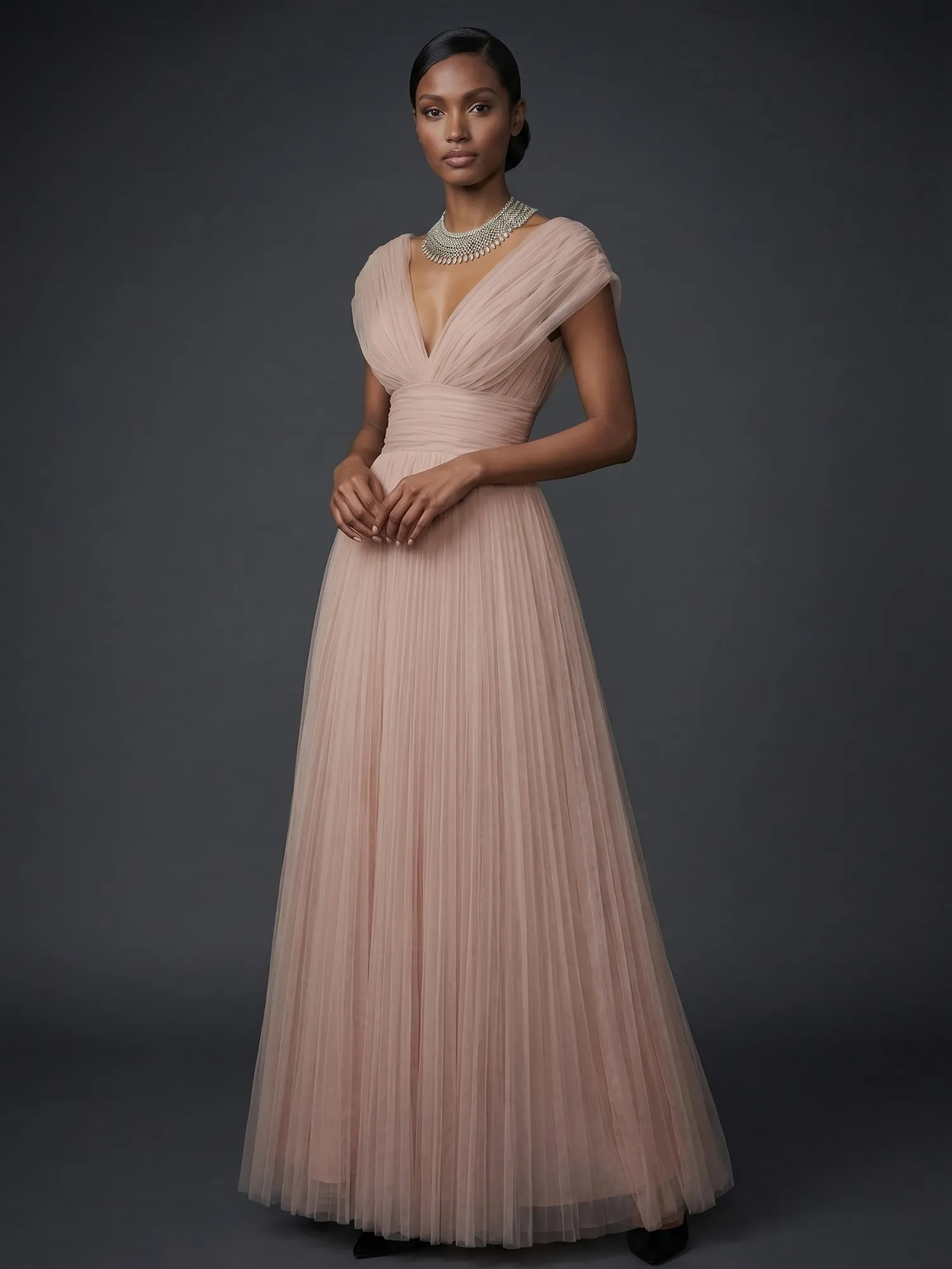 Draped V-Neck Pleated Tulle Evening Gown Maxi Dress
