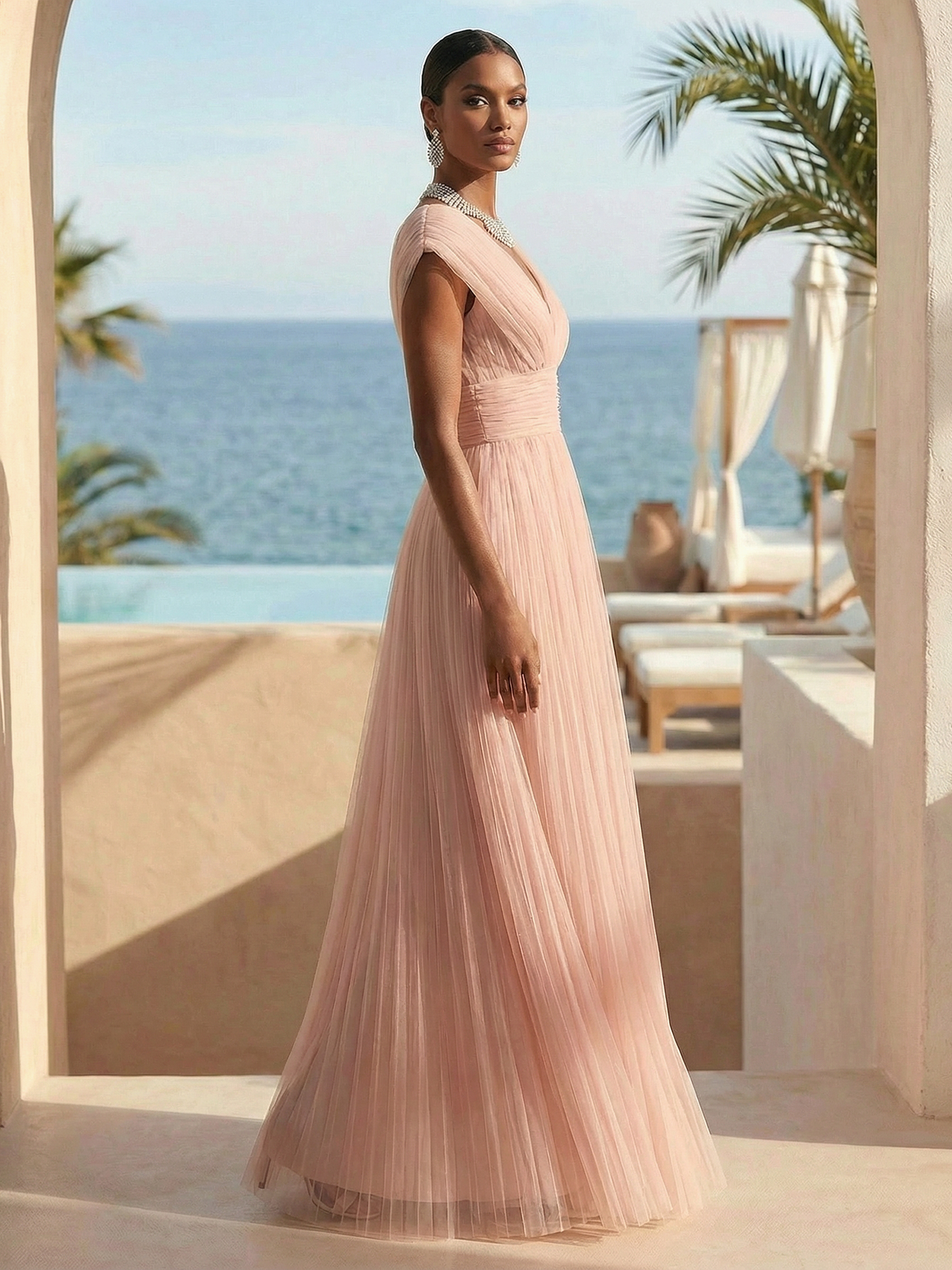 Vintage Rose Formal Dress A-Line V-Neck Pleated Tulle Maxi Dress