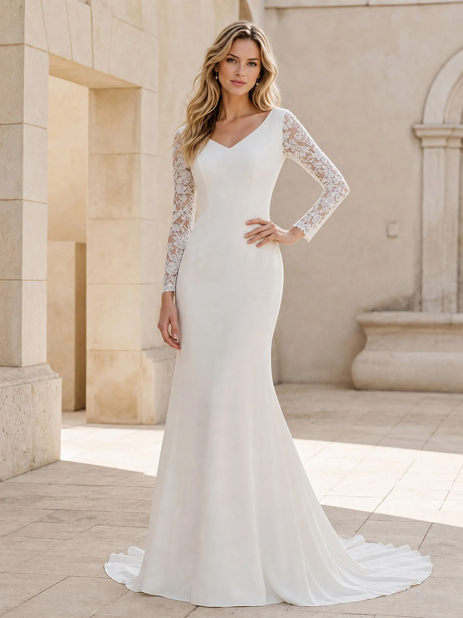 V Neck Long Lace Sleeve Mermaid Crepe Wedding Dress