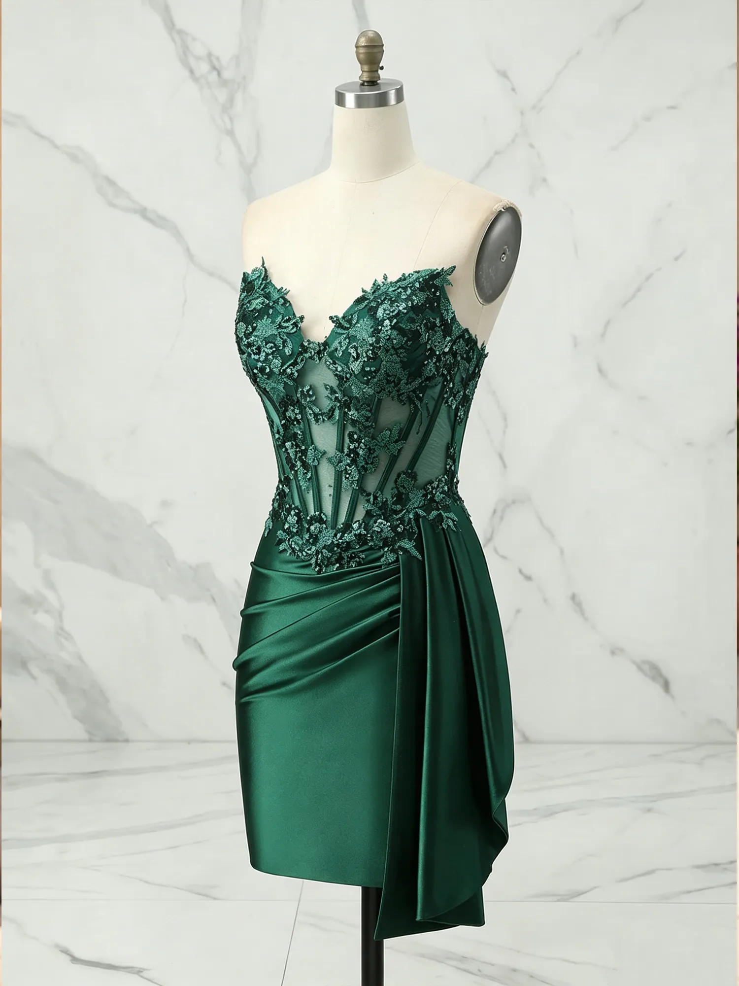 Strapless Lace Corset Satin Homecoming Dress with Draped Skirt