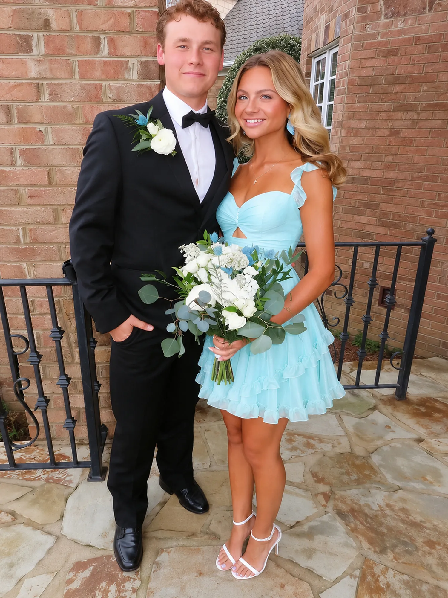 A Line Ruffled Tiered Chiffon Homecoming Dress with Lace-Up Back