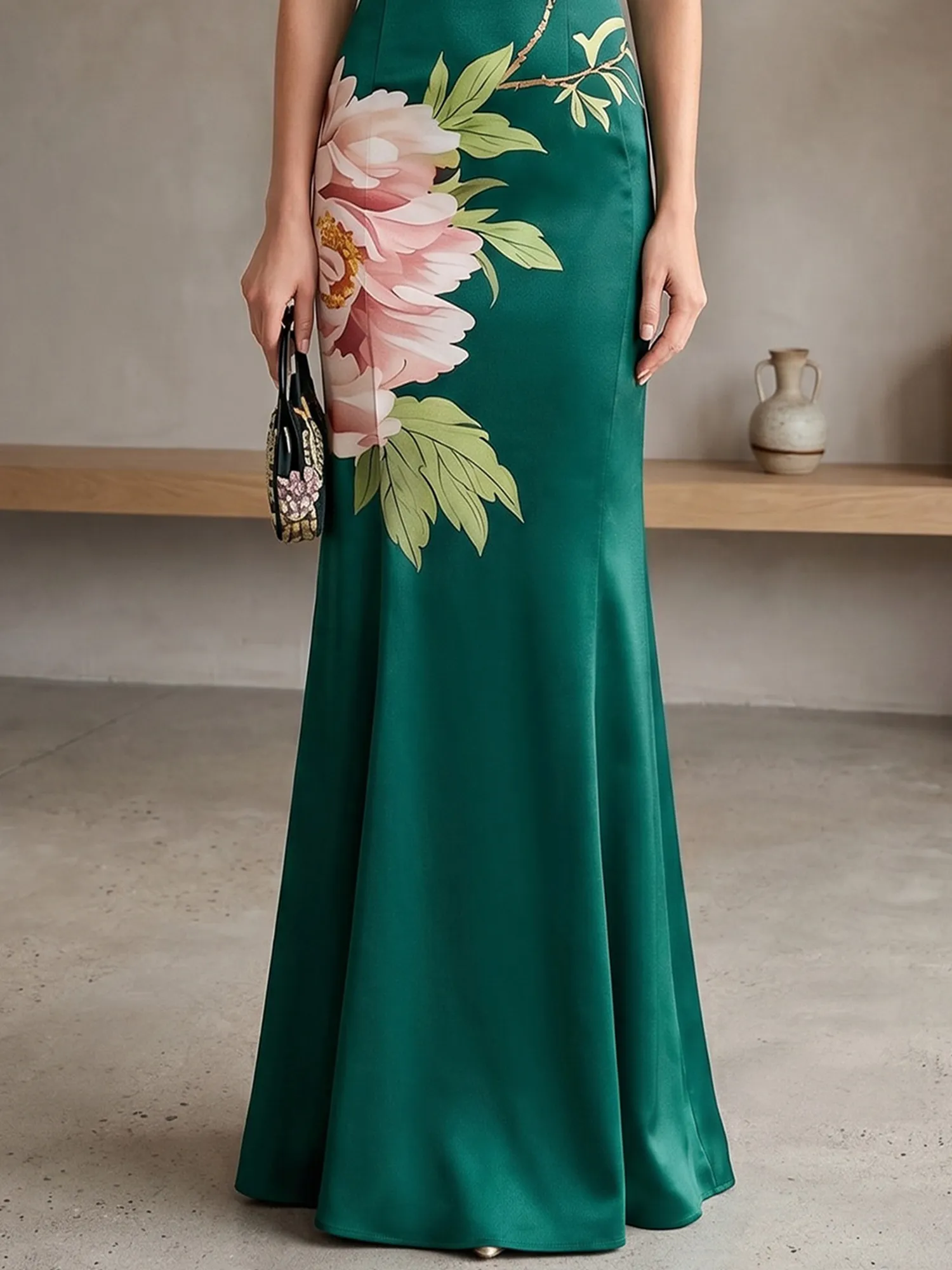 Satin Qipao-Inspired Floral Mermaid Evening Gown