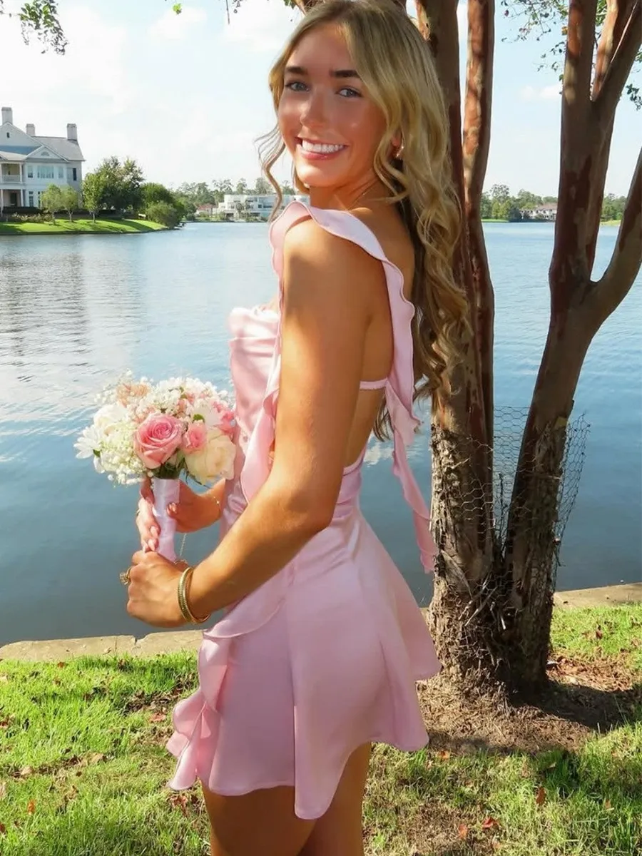 A Line Ruffled Satin Cutout Homecoming Dress Mini Dress
