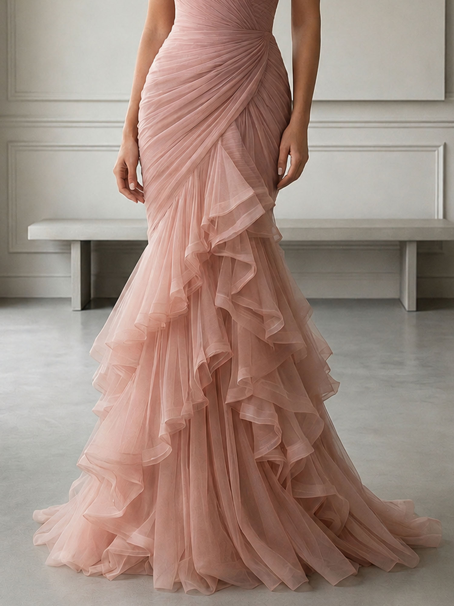 Strapless Ruched Tulle Mermaid Evening Gown Maxi Dress