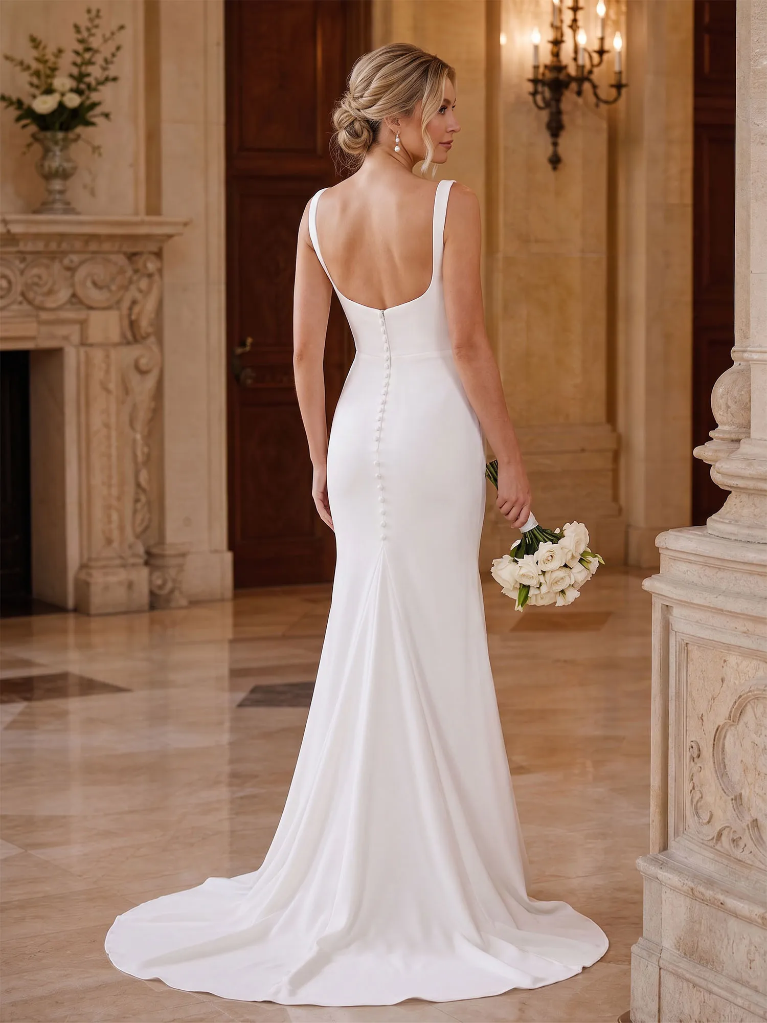 White Satin Cowl Neck Mermaid Wedding Dress