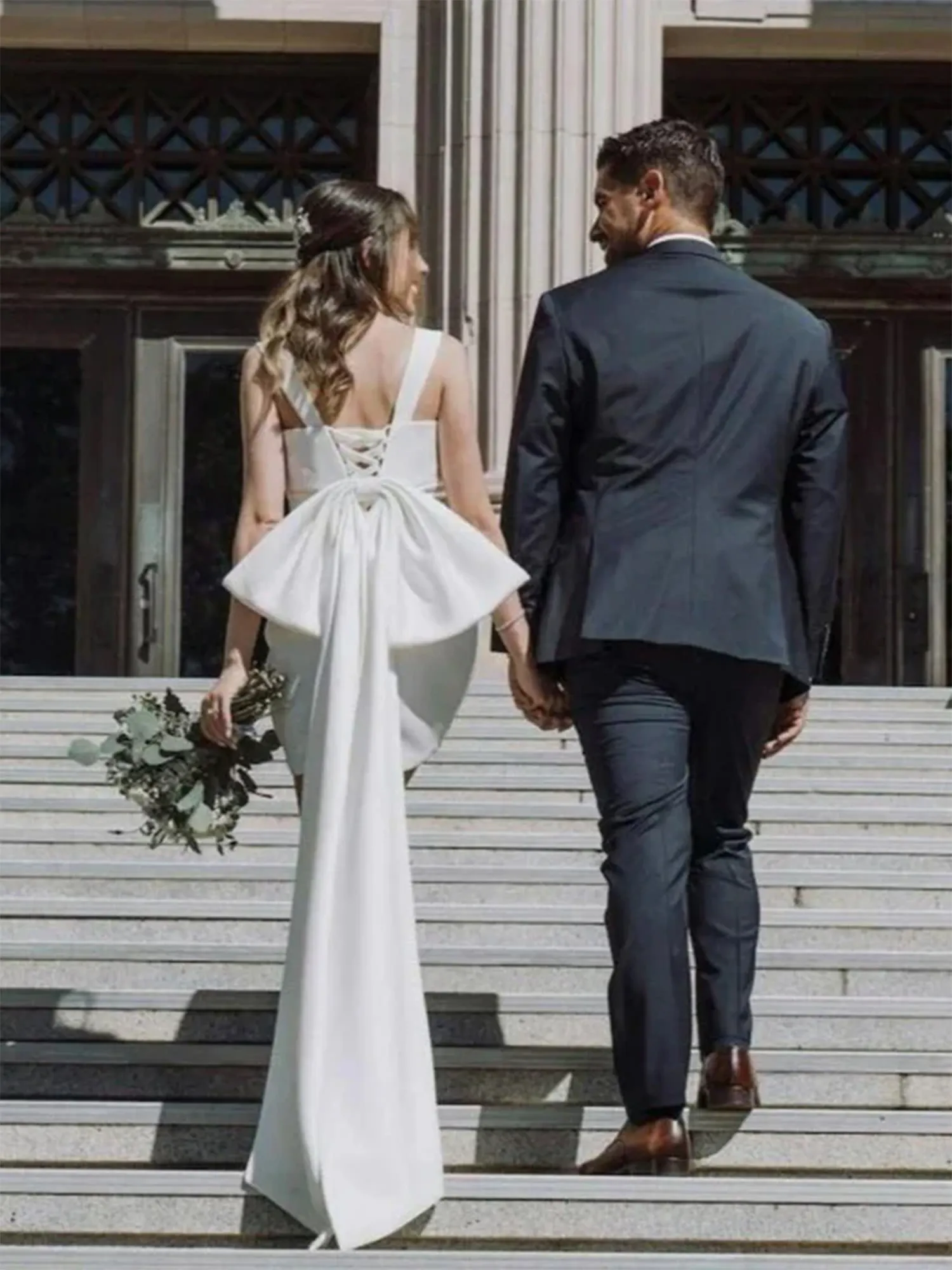 White Square Neck Mini Wedding Dress with Oversized Bow Train