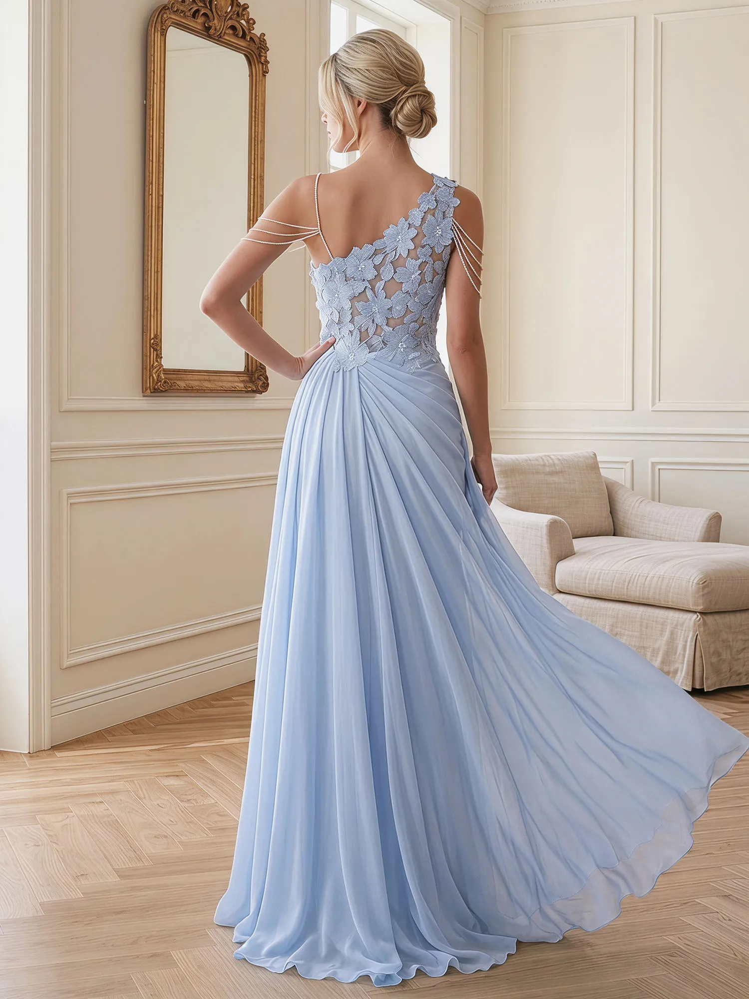 One-Shoulder Floral Lace Chiffon Evening Gown