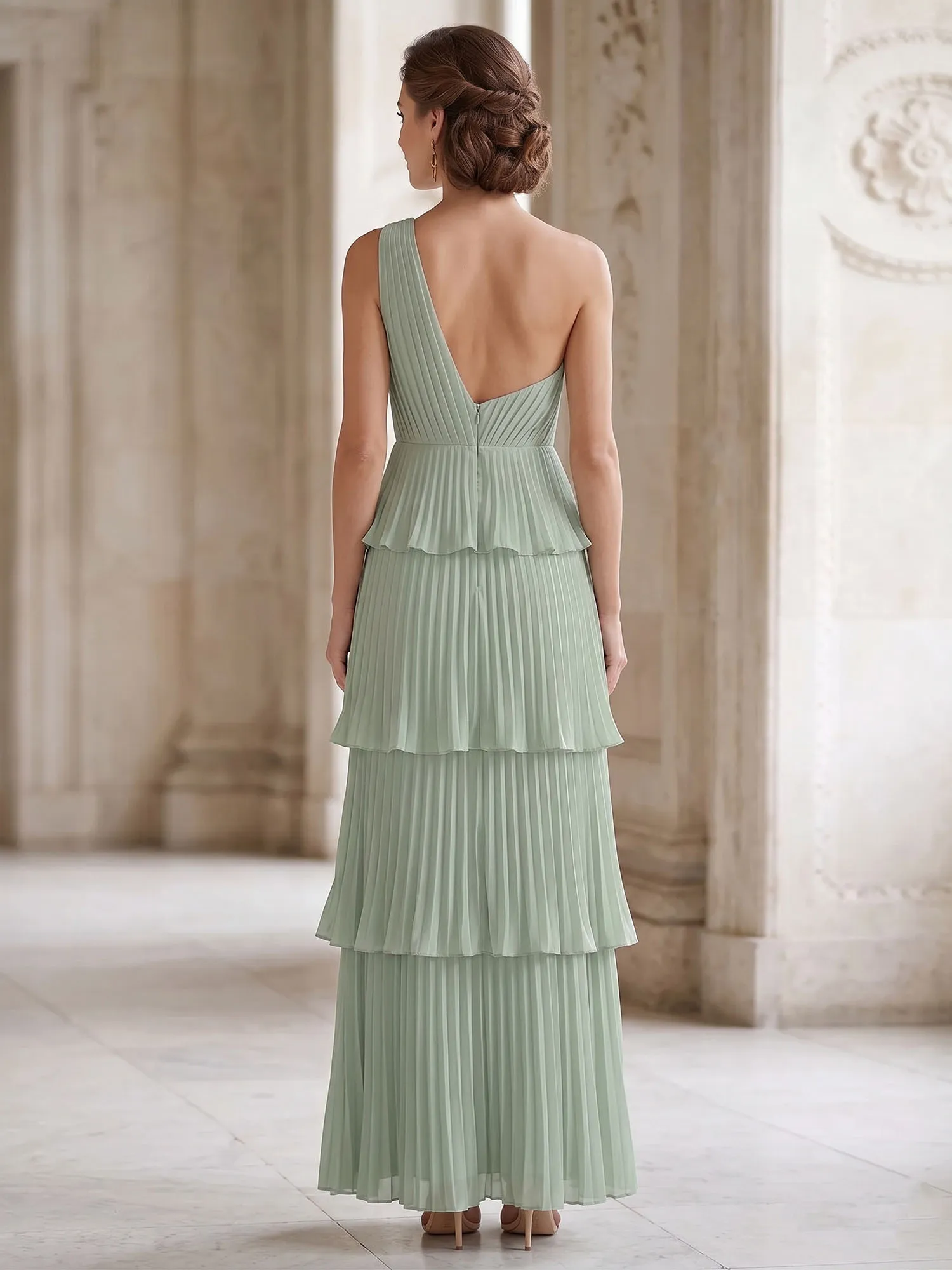 One-Shoulder Tiered Pleated Chiffon Evening Gown