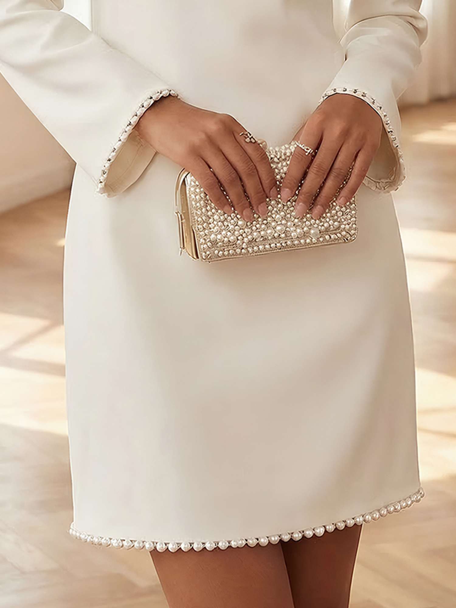 White Pearl Hollow Out Classic Crew Neck Long Sleeve Shift Mini Dress Gown