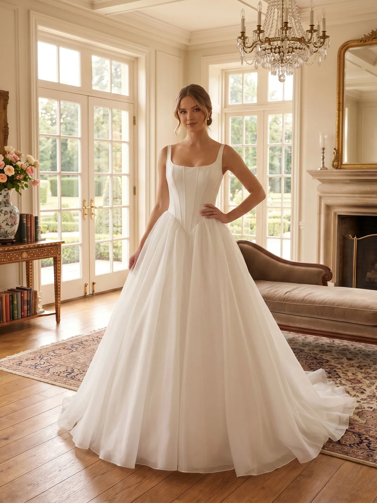 White Square Neck Corset A-Line Wedding Dress