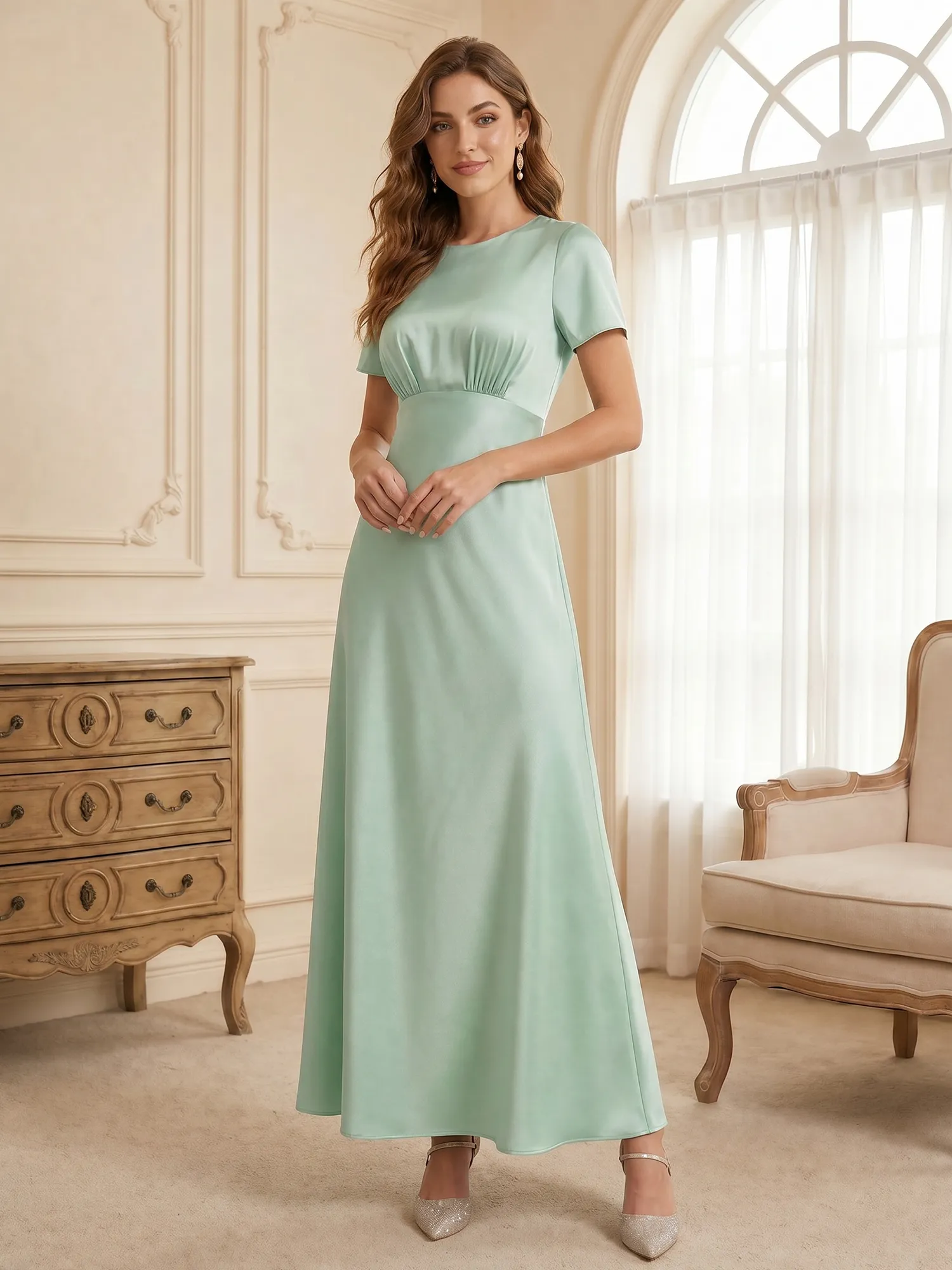 Round Neck Short Sleeve Satin Bridesmaid Dress