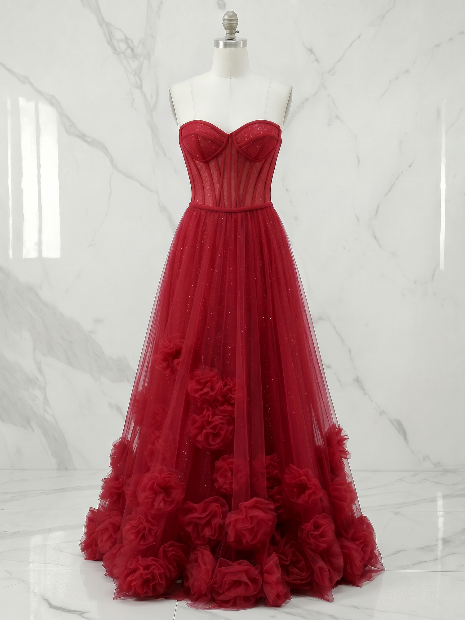 Romantic Formal Dress Red 3D Floral Corset Tulle Evening Gown