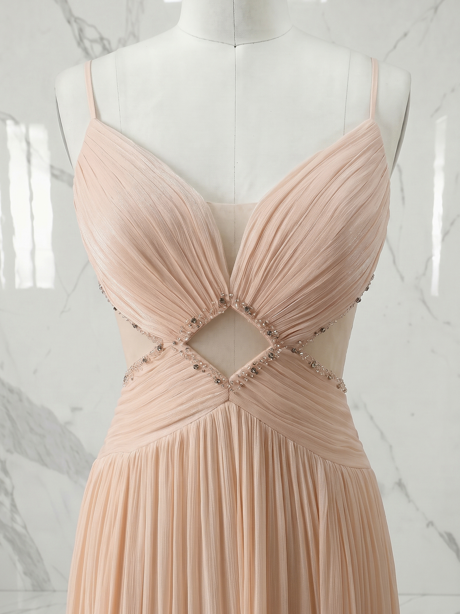 Radiant Blush Champagne Pleated Cutout Maxi Evening Gown