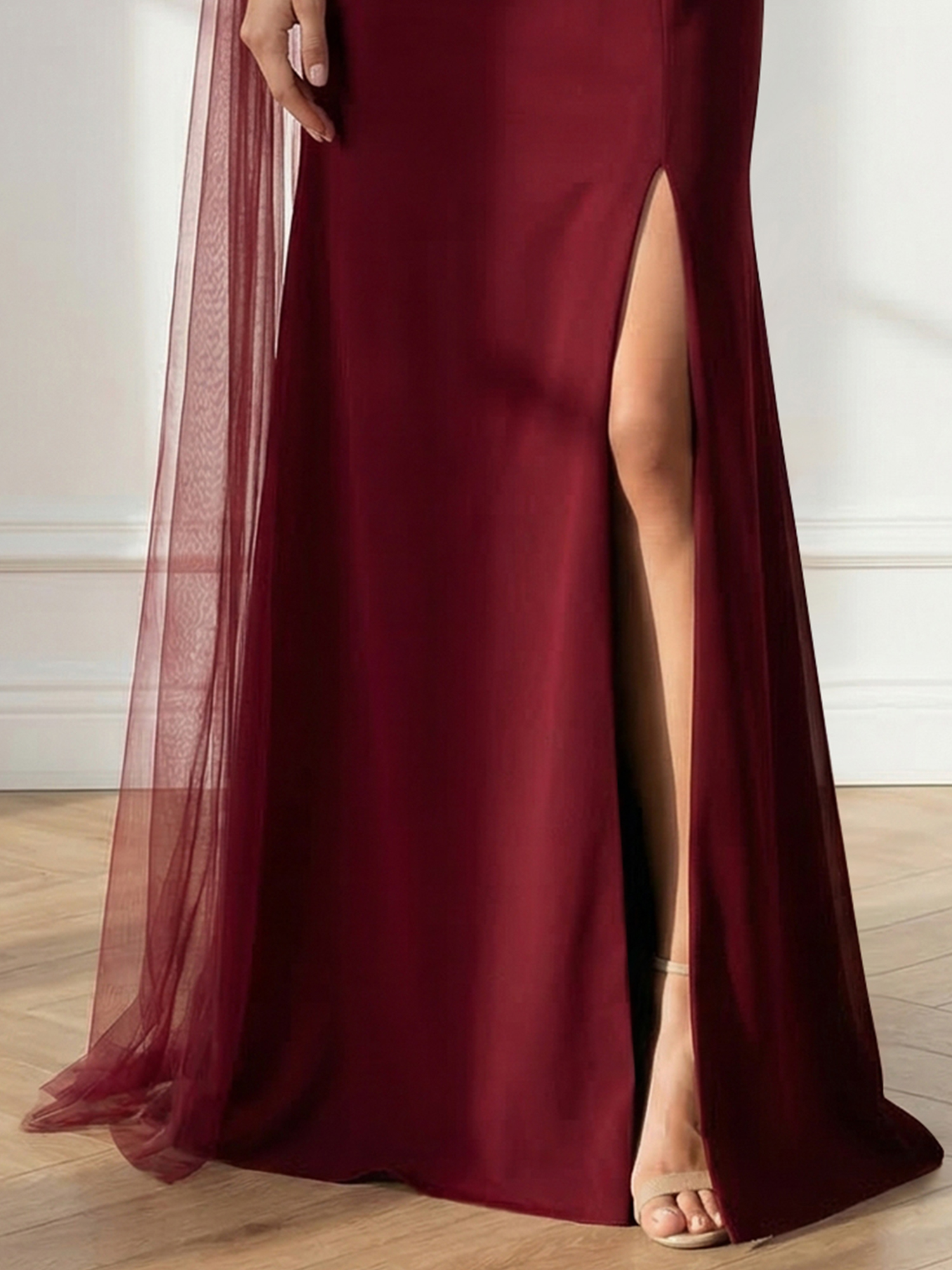 Formal Evening Dress Burgundy One Shoulder Slit Maxi Dress Gown