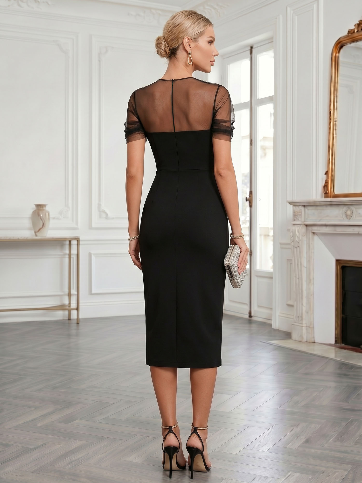 Sophisticated Black Mesh-Draped Sweetheart Midi Evening Gown
