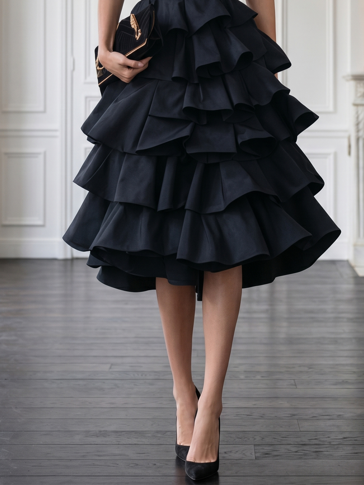 Avant-Garde Black High-Neck Tiered Ruffled Evening Gown