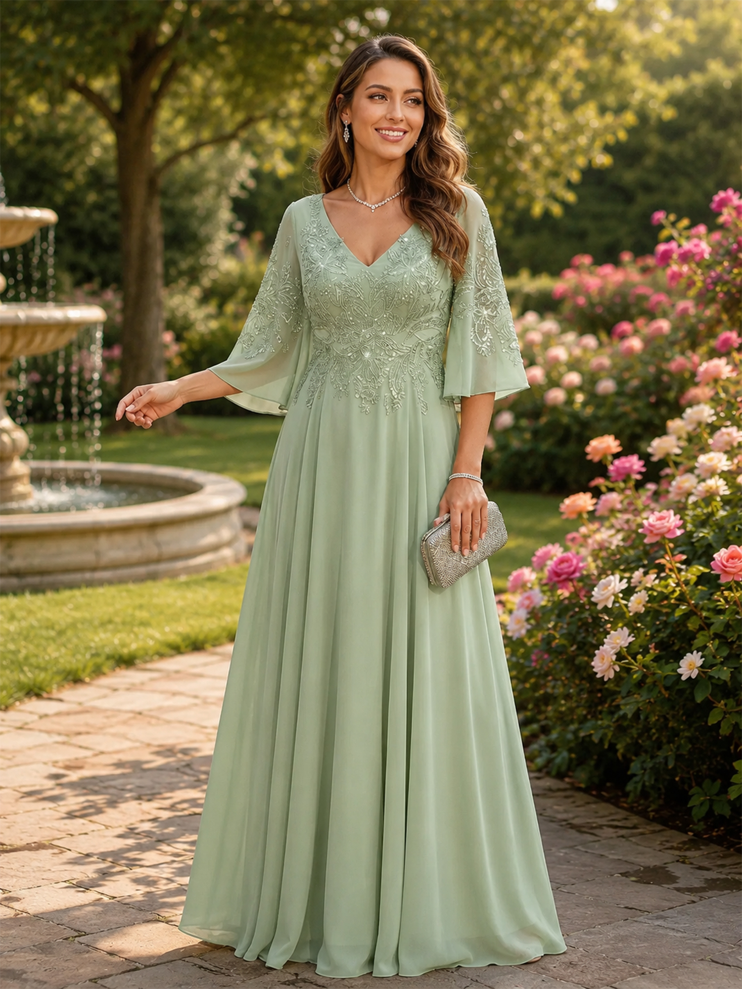 Sage Green A-Line Chiffon 3/4 Flutter Sleeves Mother of the Bride & Groom Dresses 