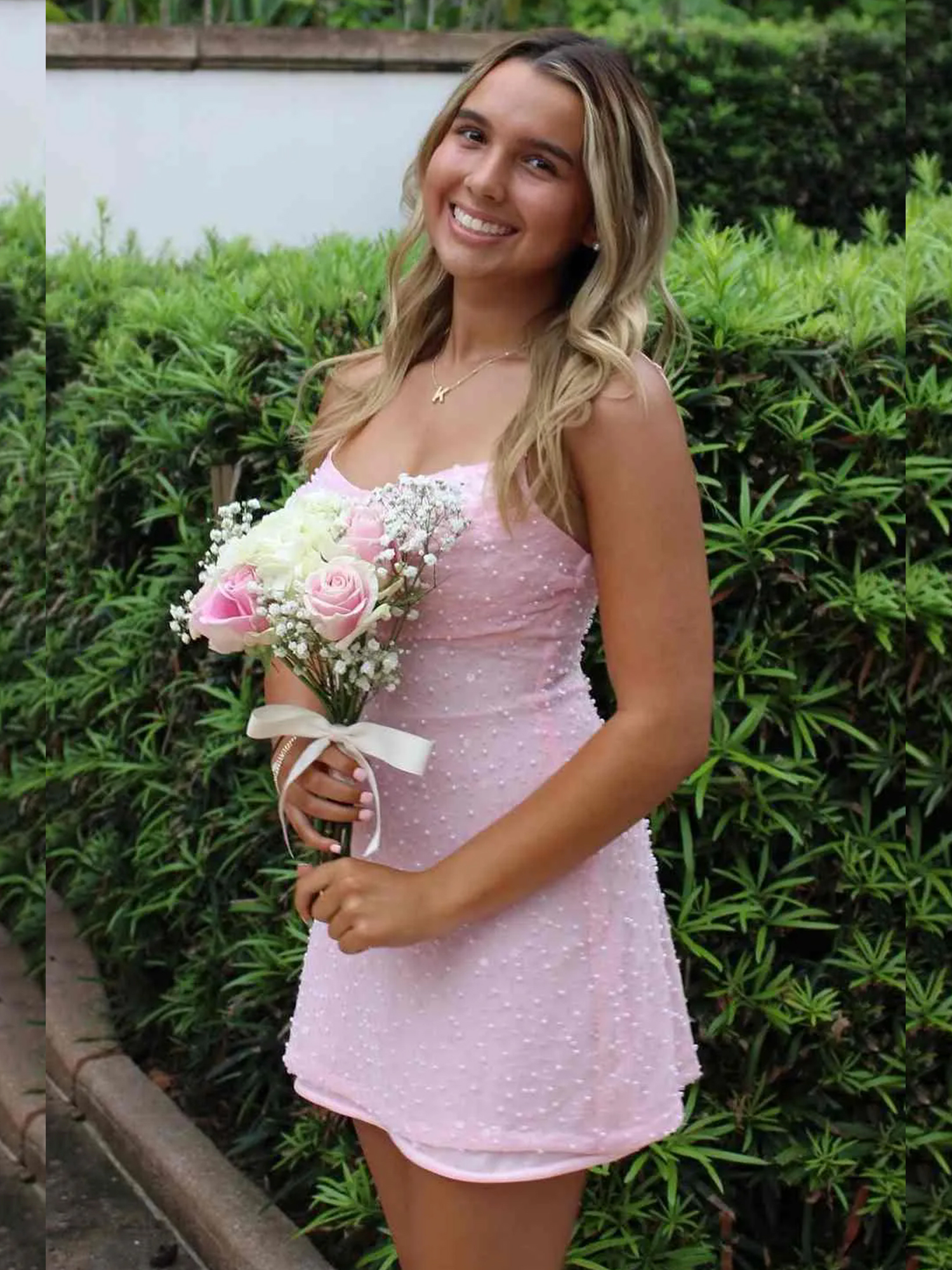 Romantic Blush Pink Sequin Homecoming Dress with Delicate Spaghetti Straps and Soft Feminine Sparkle
