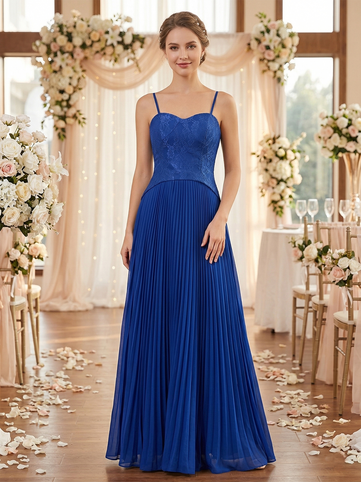 Elegant Navy Blue Lace & Pleated Chiffon Maxi Dress Gown