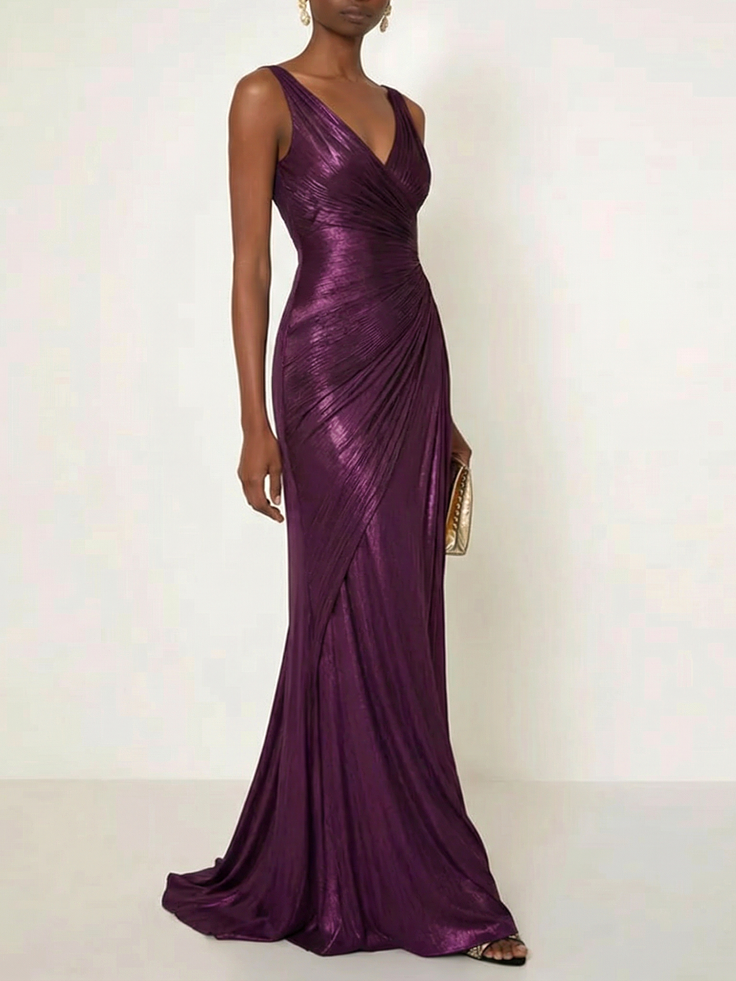 Evening Formal Dress V Neck Silk Ruffles Maxi Dress Gown
