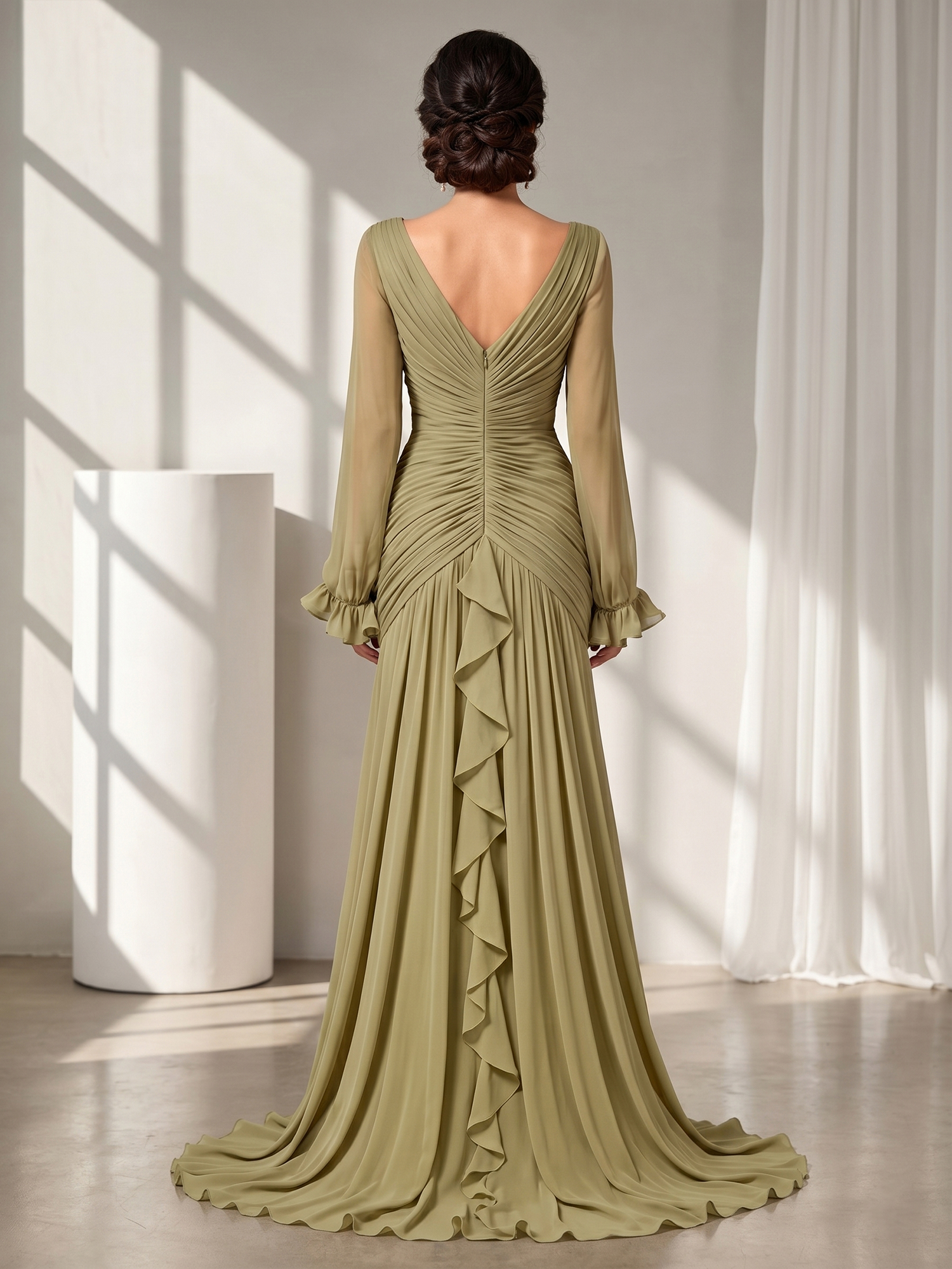 Grecian Olive Green Ruched Long-Sleeve Cascading Ruffle Formal Evening Dress