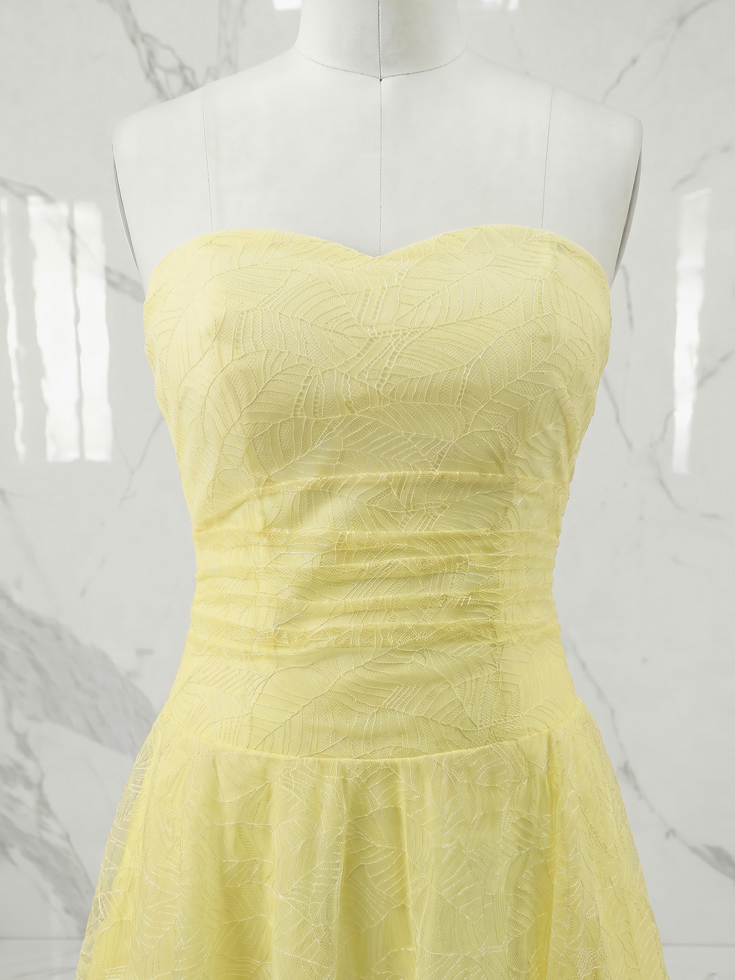 Butter Yellow Textured Strapless Homecoming Dress