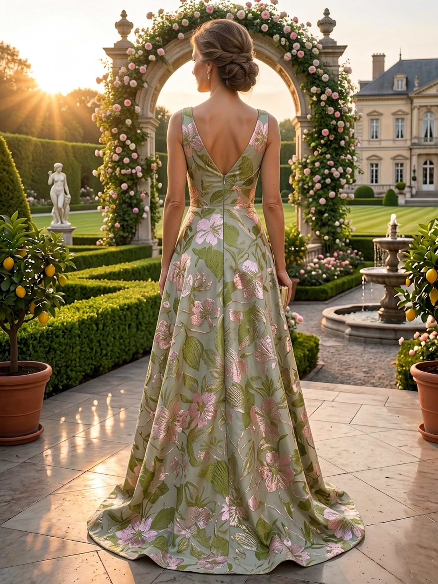 Ethereal Sage Green Botanical Garden Rose Floral Brocade Mother of the Bride & Groom Dresses with Plunging V-Neckline