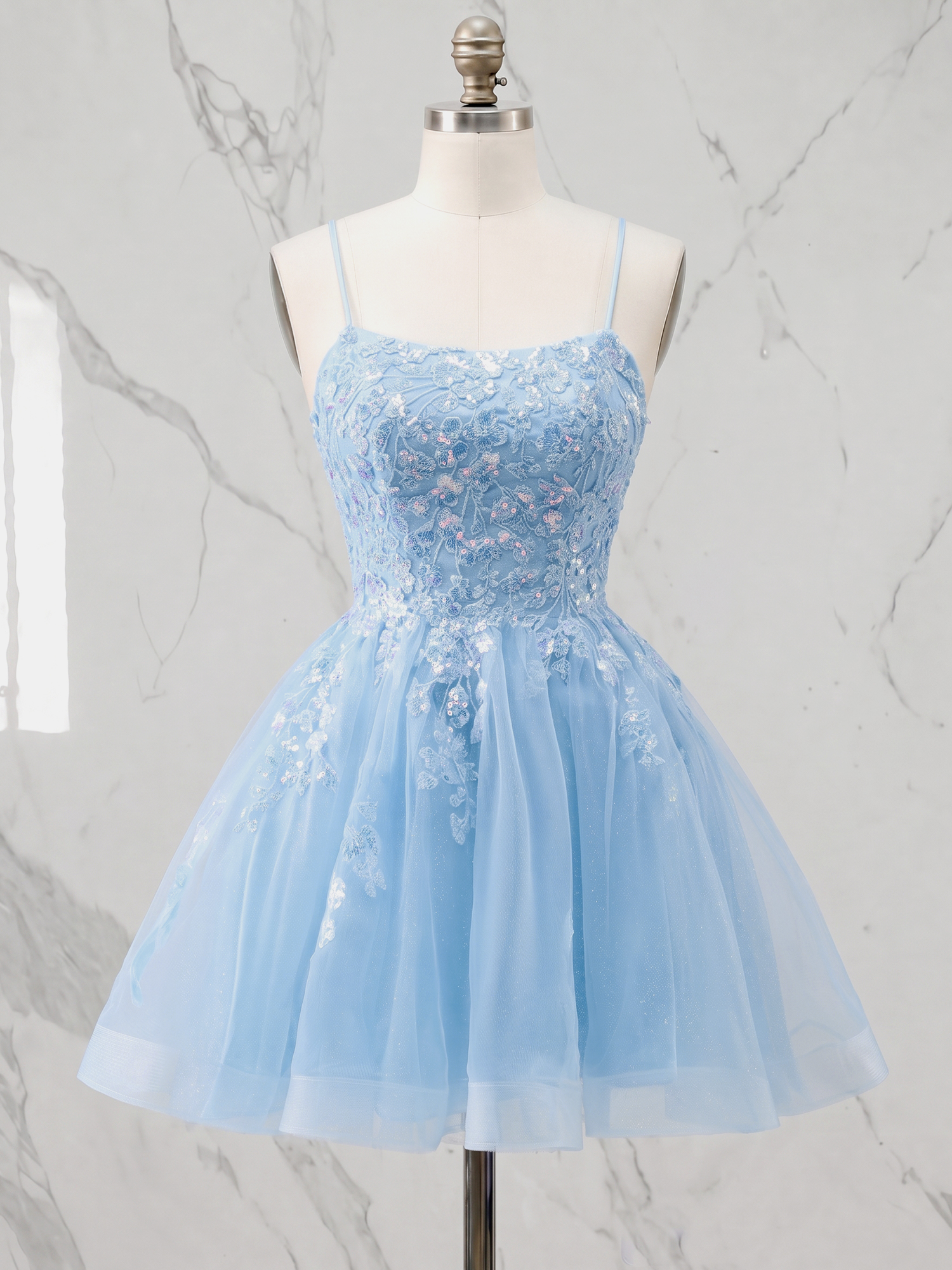 Enchanting Baby Blue Floral Lace Tulle A-Line Homecoming Dress with Lace-Up Back