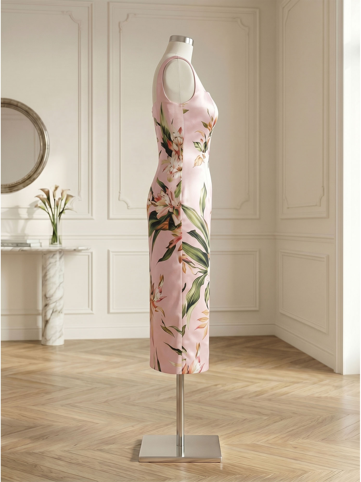 Romantic Blush Pink Floral Satin Column Midi Formal Evening Dress