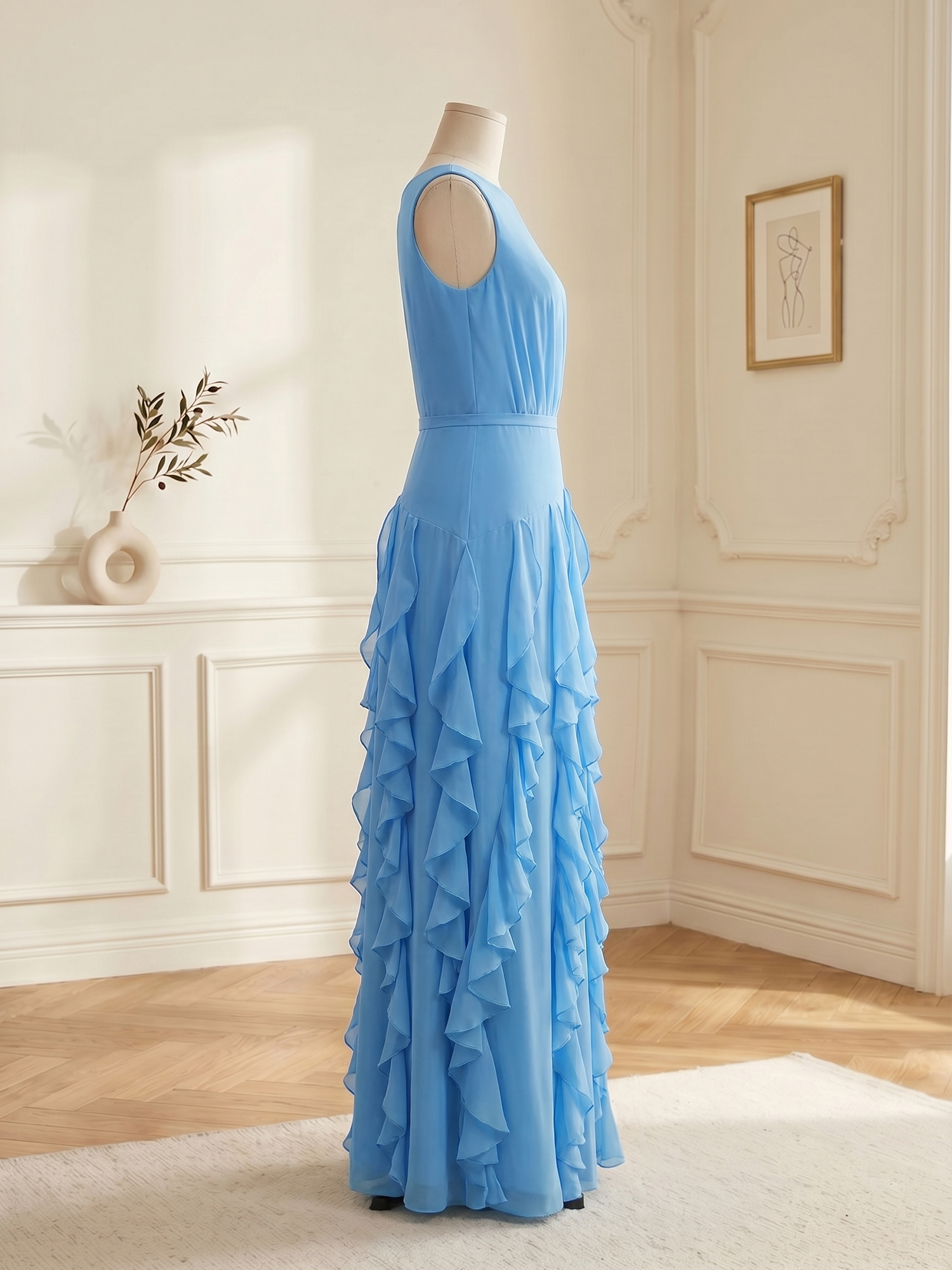 Ethereal Powder Blue Cascading Ruffle Maxi Formal Evening Dress