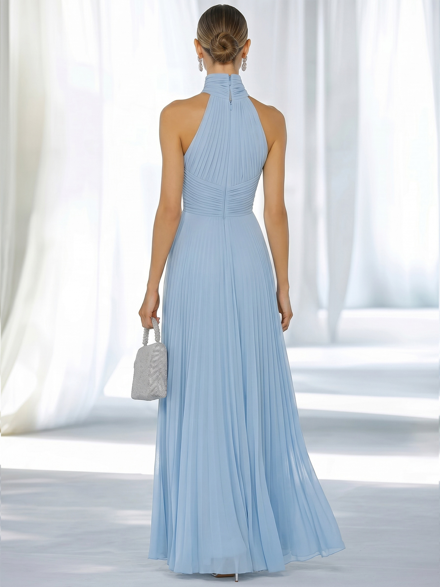 Sky Blue Pleated Chiffon Halter Strapless Formal Evening Dress