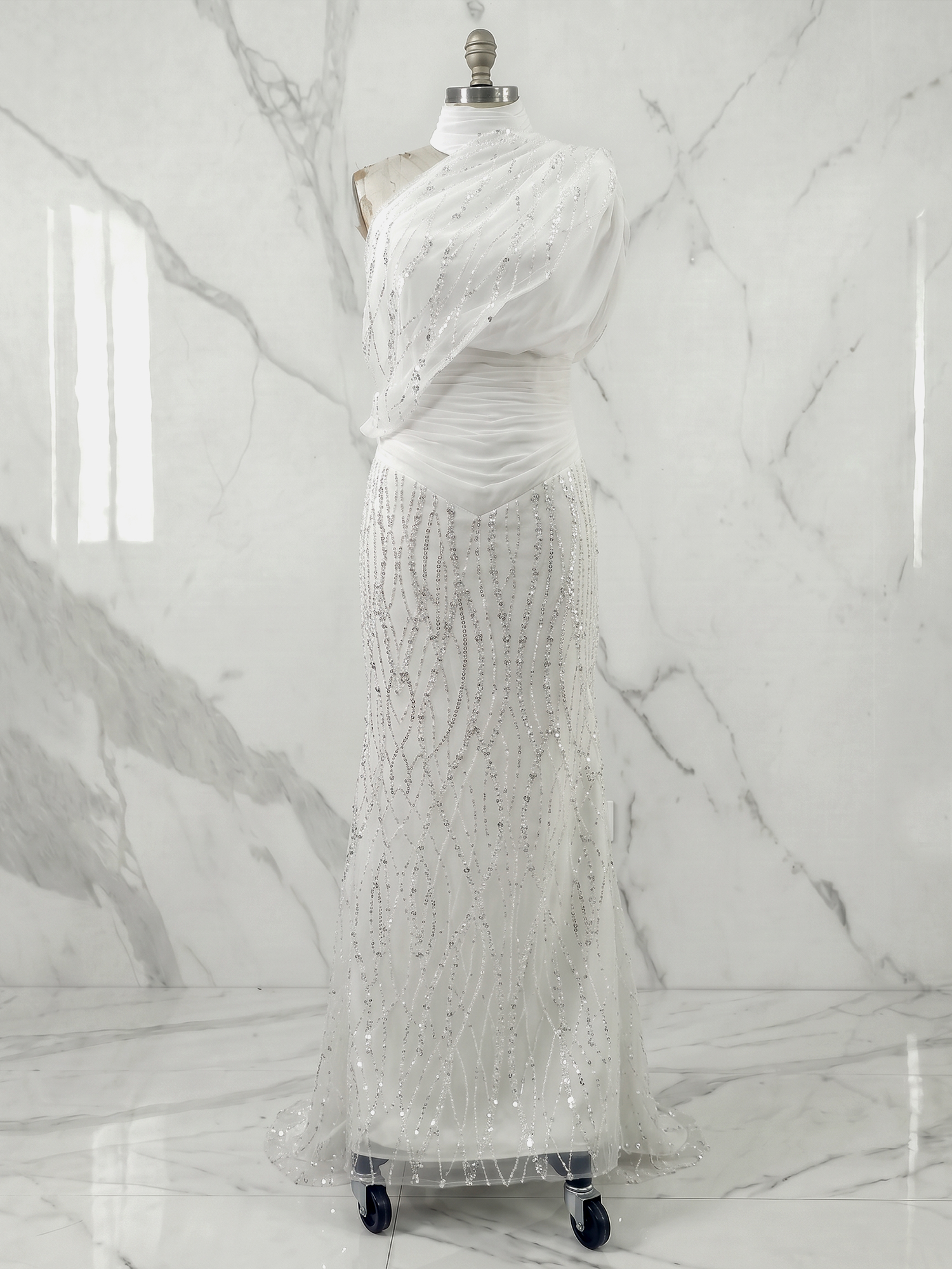 Ethereal White Beaded High-Neck Draped Sheath Formal Evening Dress