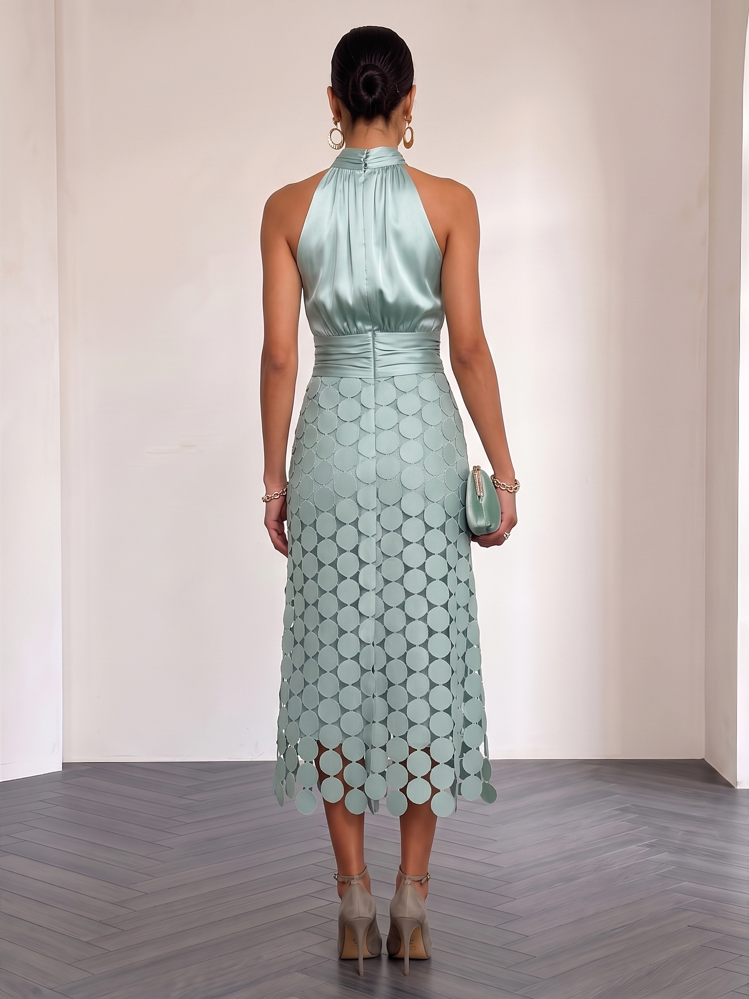 Ice Blue Satin Halter Circle Motif Midi Formal Evening Gown