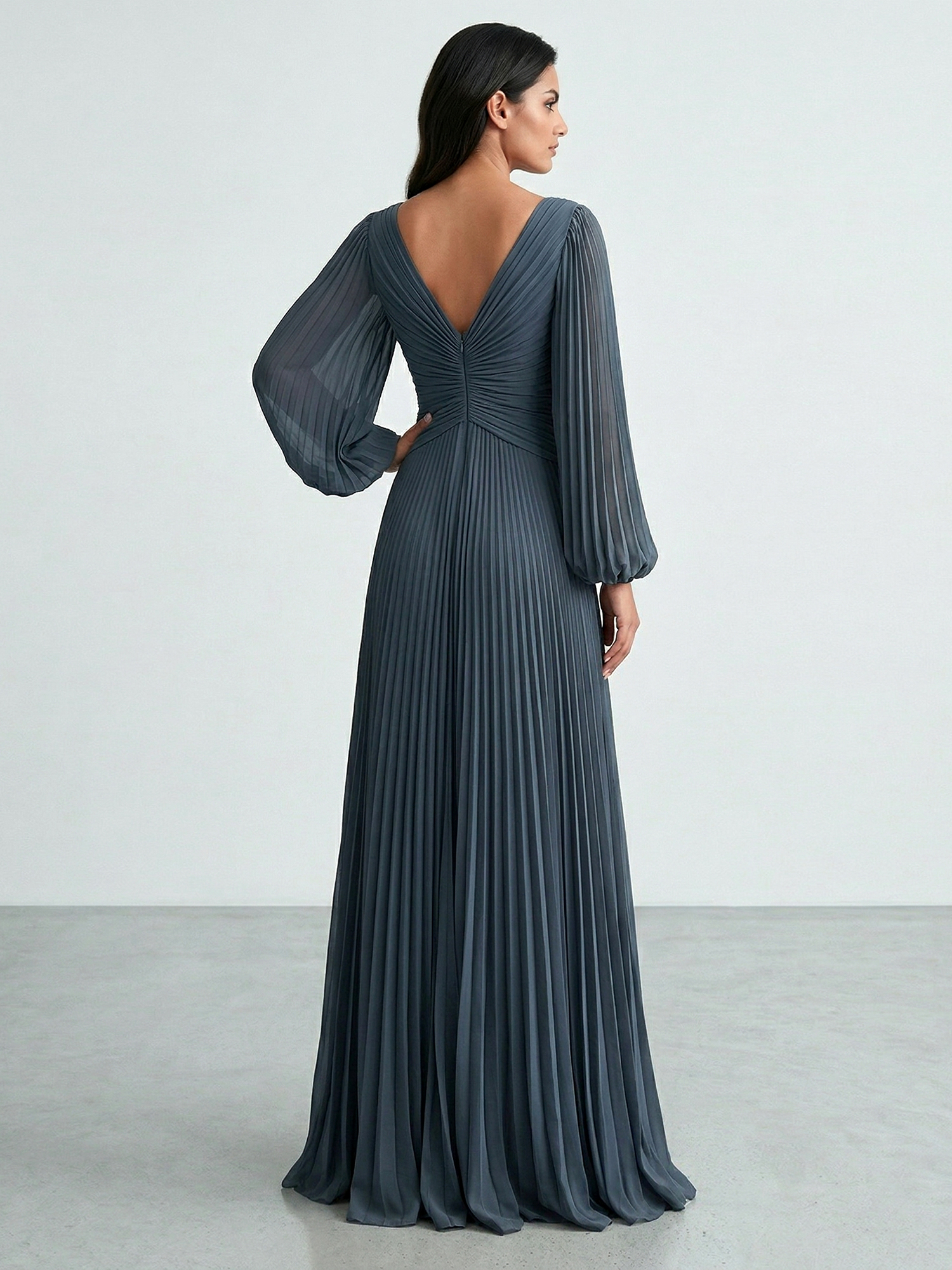 Slate Blue Plunging V-Neck Pleated Long Sleeve Maxi Dress Gown