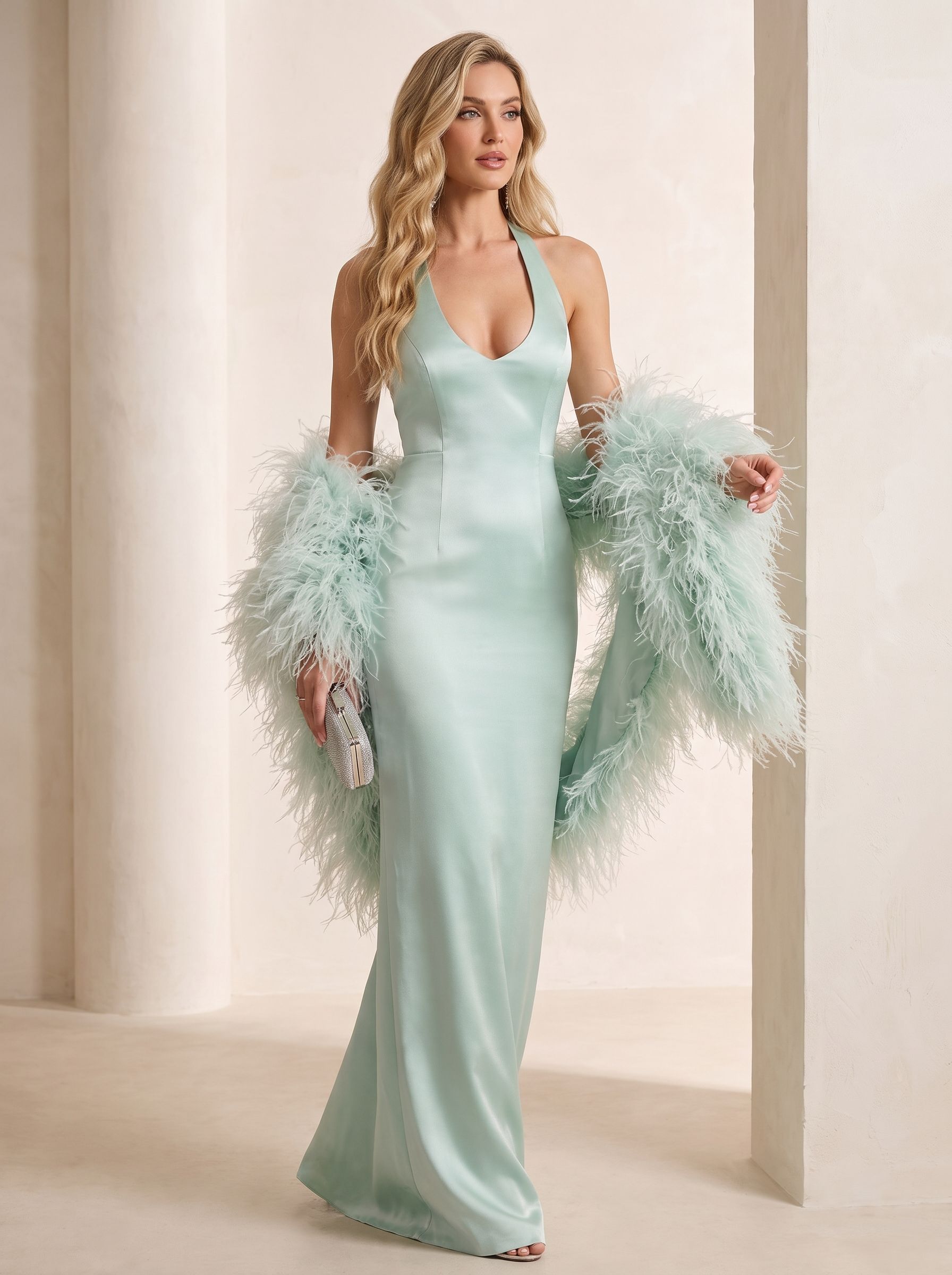 Ethereal Mint Satin Column V-Neck Formal Evening Dress 