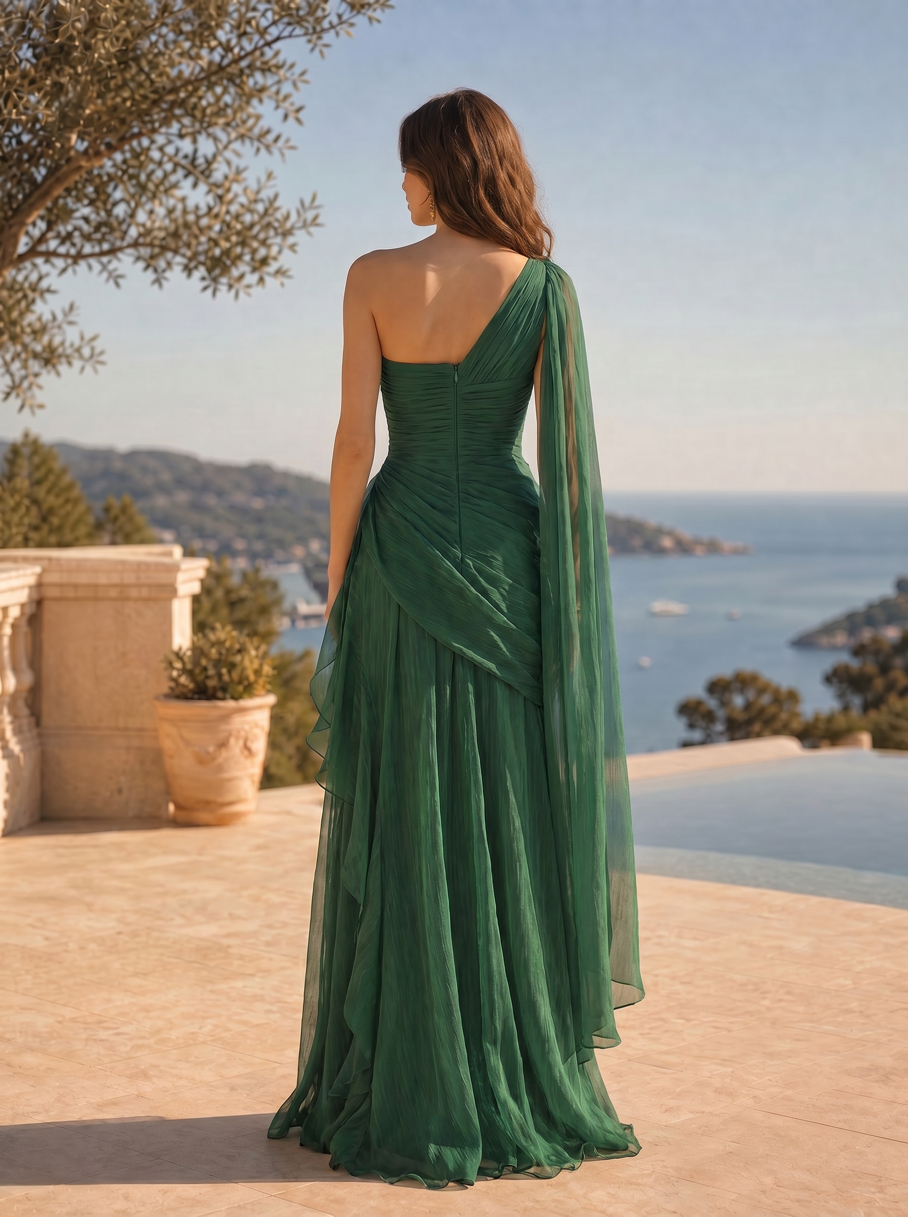 Emerald Goddess Draped Chiffon One Shoulder Evening Dress With Slit