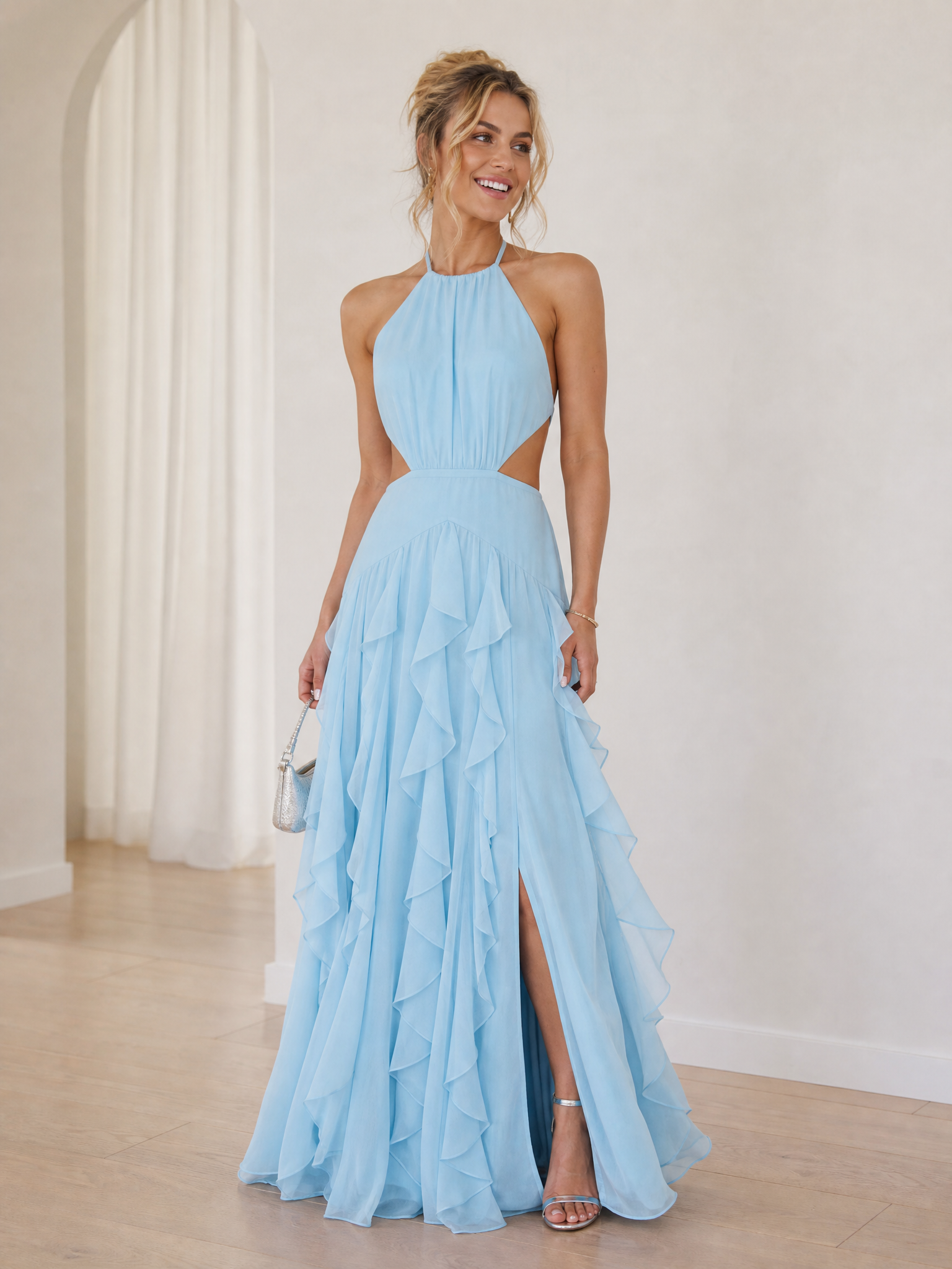 Sky Blue Ruffled Halter Cutout A-Line Formal Evening Dress With Slit